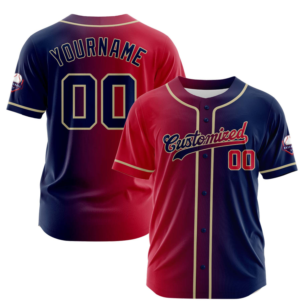Custom Red Blue Gradient Fashion Design Full Button Authentic Baseball Jersey