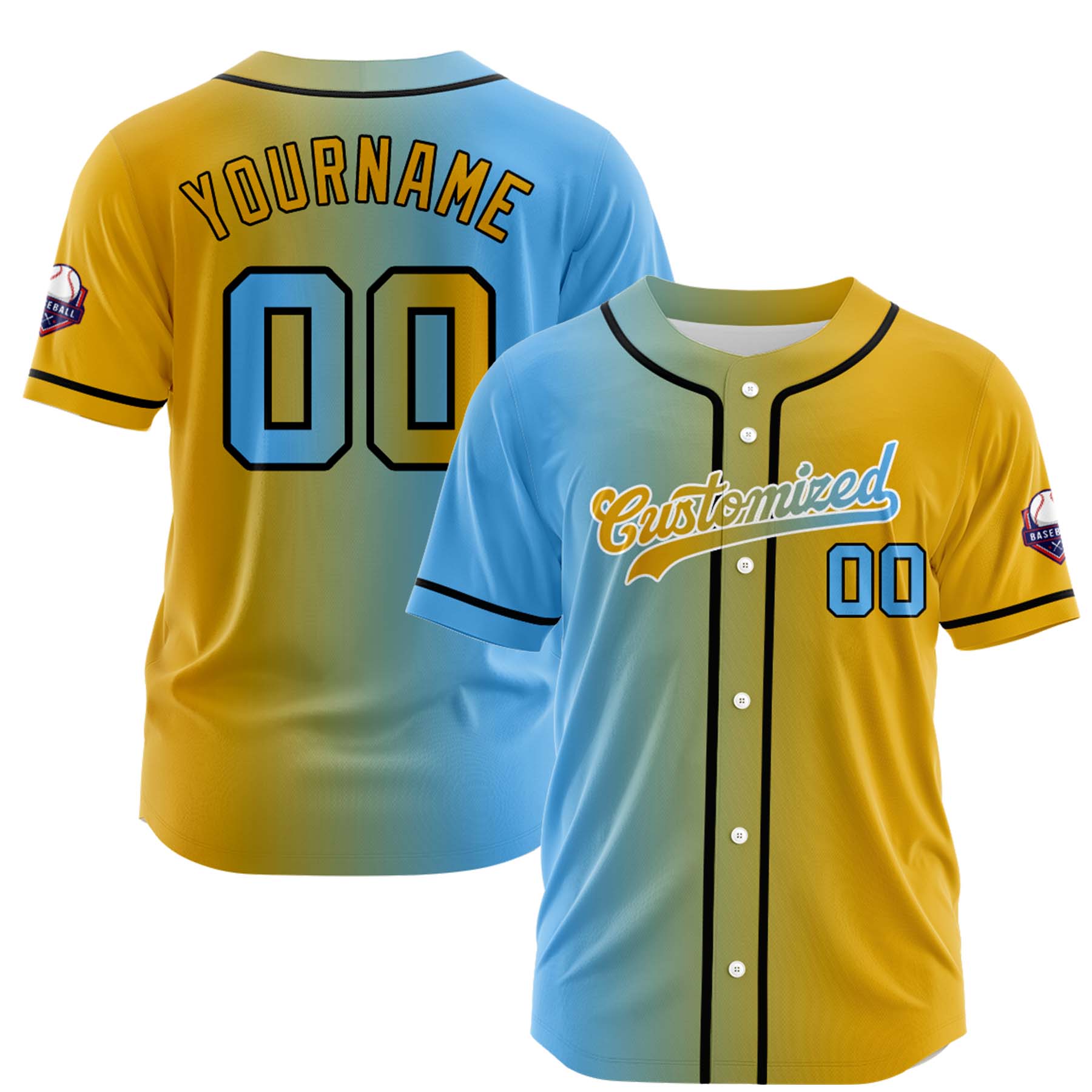 Custom Light Blue Gold Gradient Fashion Design Full Button Authentic Baseball Jersey
