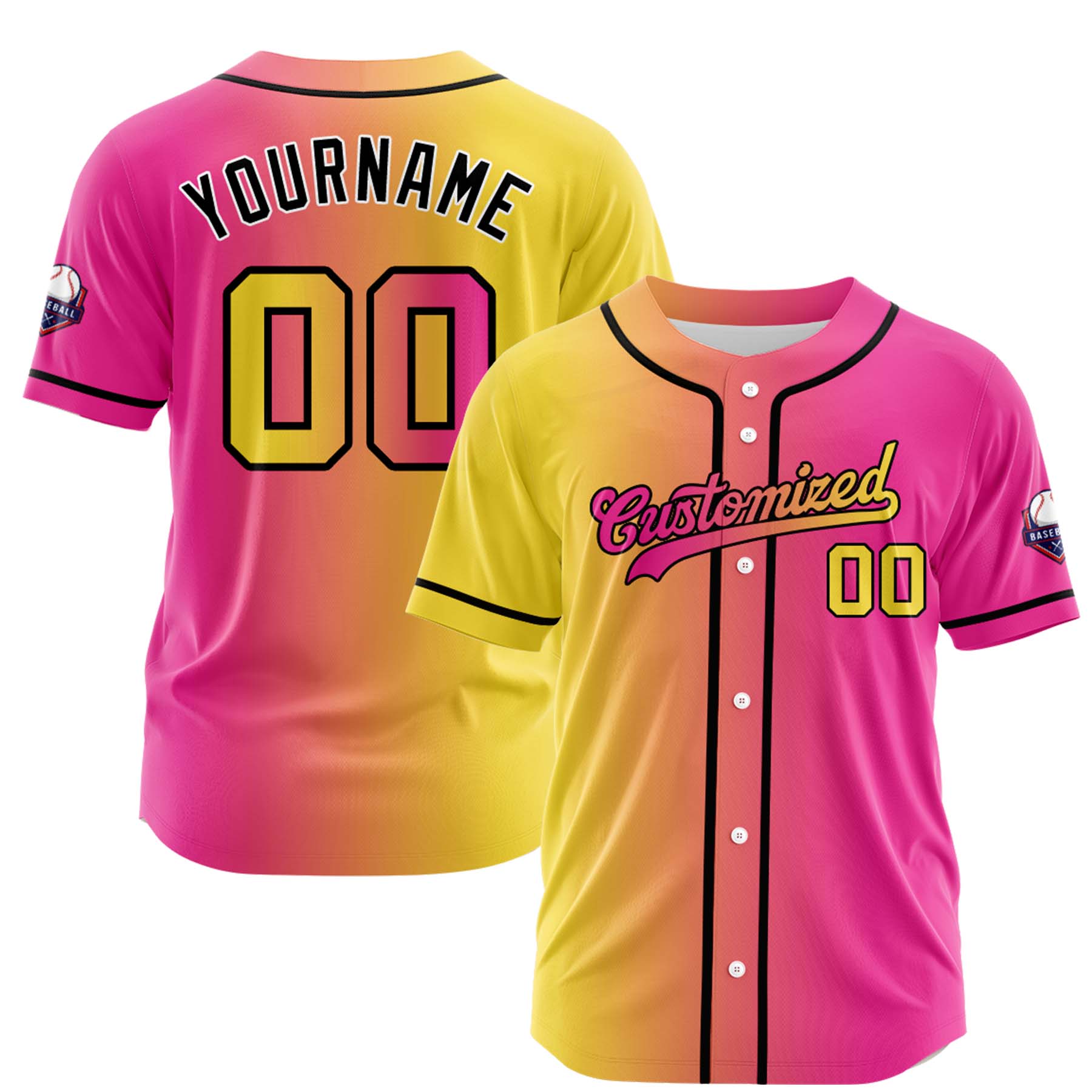 Custom Yellow Pink Gradient Fashion Design Full Button Authentic Baseball Jersey