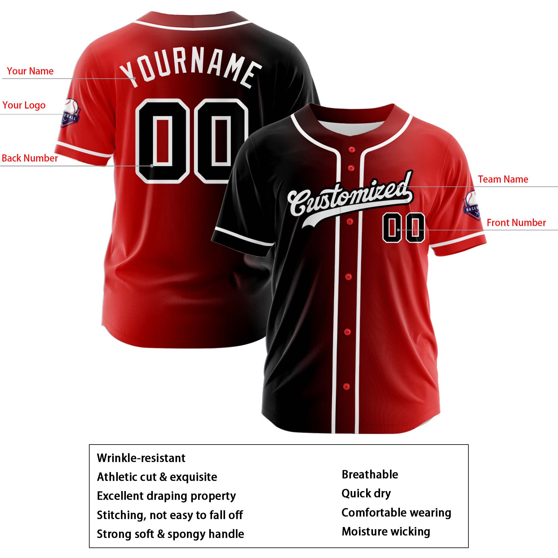Custom Black Red Gradient Fashion Design Full Button Authentic Baseball Jersey