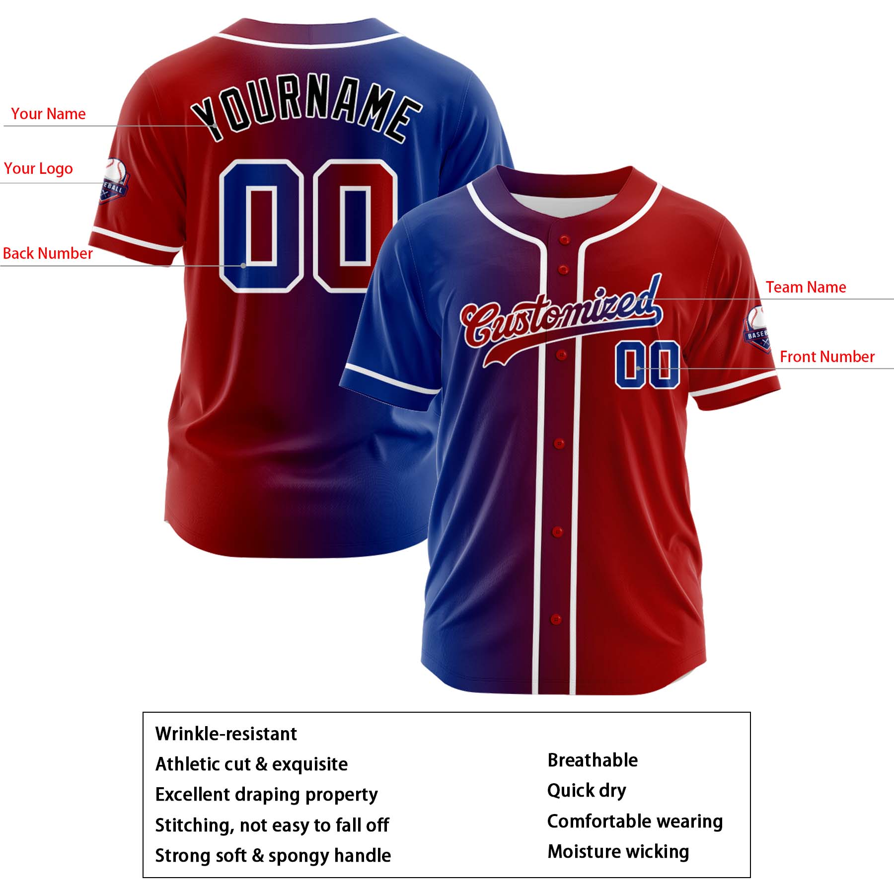 Custom Blue Red Gradient Fashion Design Full Button Authentic Baseball Jersey