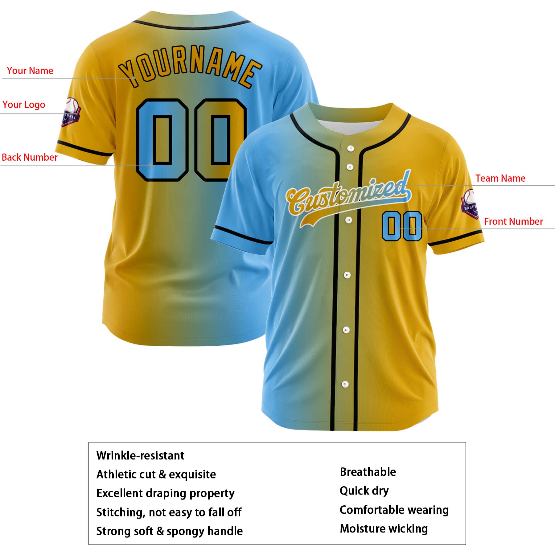 Custom Light Blue Gold Gradient Fashion Design Full Button Authentic Baseball Jersey
