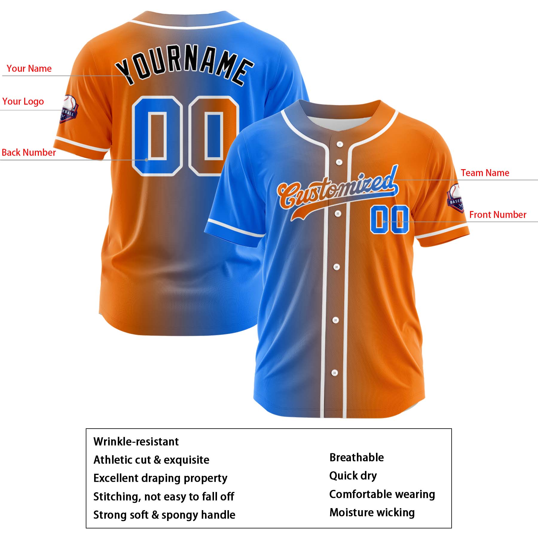 Custom Blue Orange Gradient Fashion Design Full Button Authentic Baseball Jersey