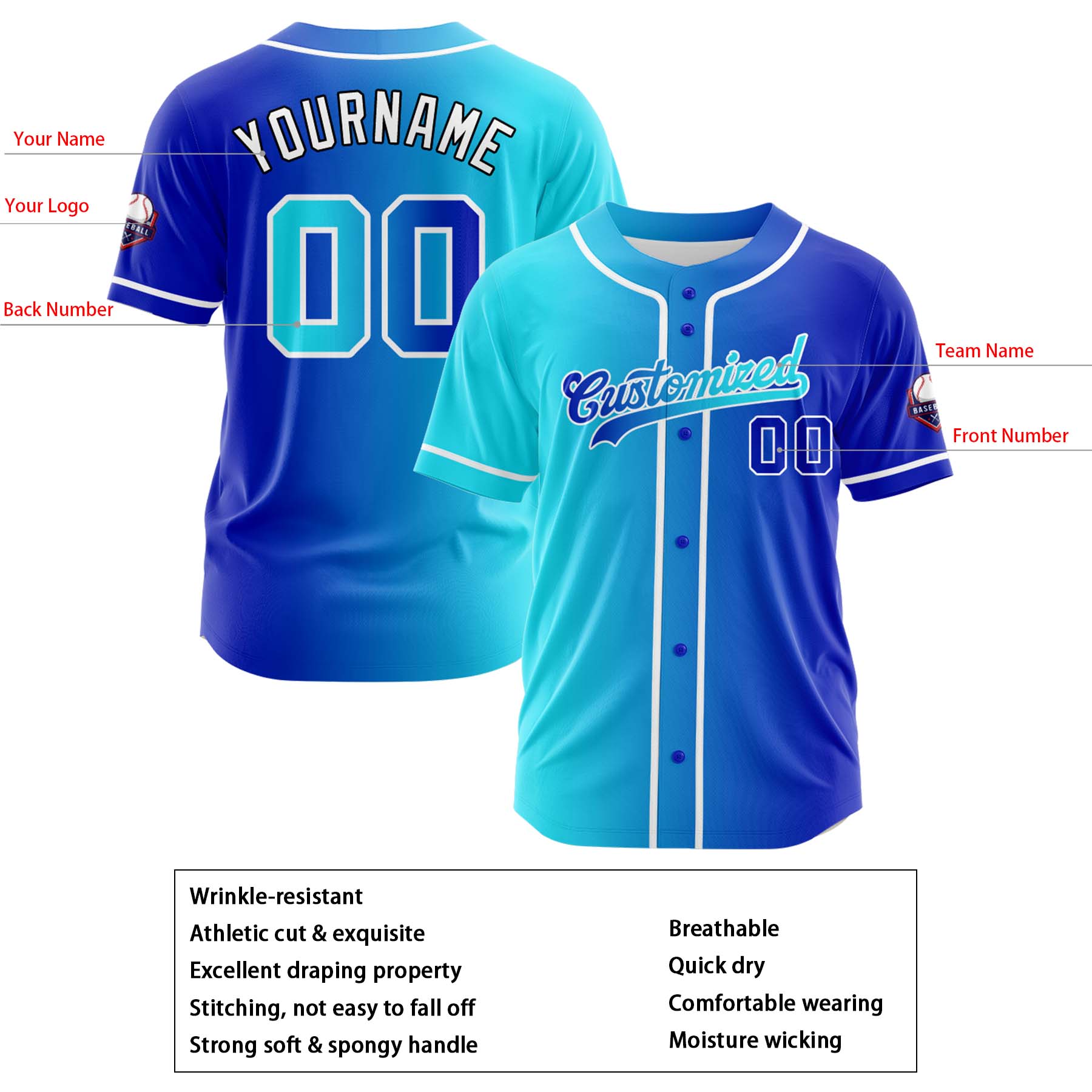 Custom Cyan Blue Gradient Fashion Design Full Button Authentic Baseball Jersey