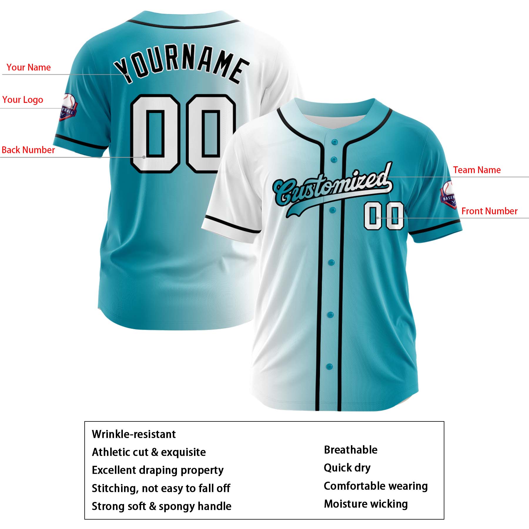 Custom White Teal Gradient Fashion Design Full Button Authentic Baseball Jersey