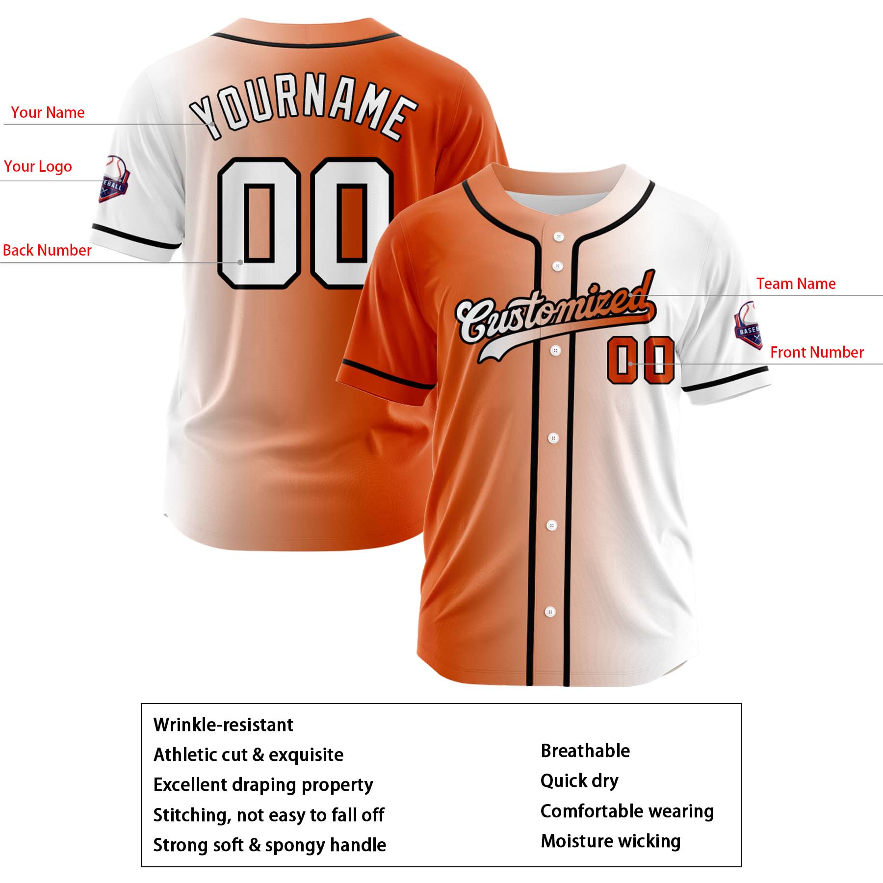 Custom Orange White Gradient Fashion Design Full Button Authentic Baseball Jersey