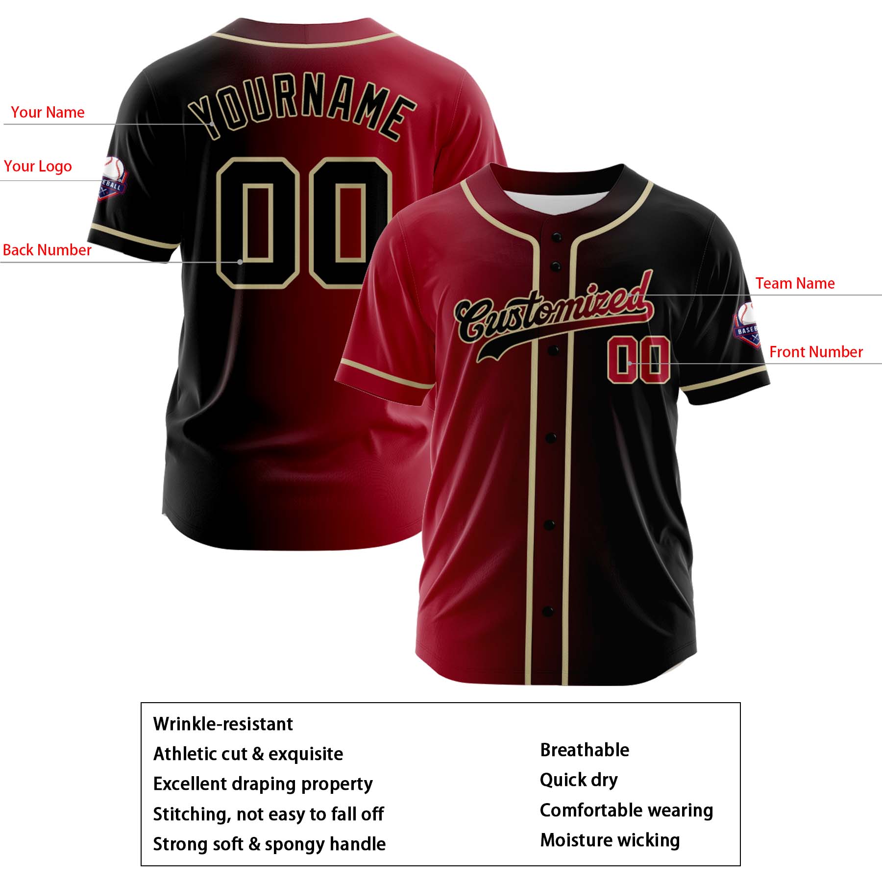 Custom Crimson Black Gradient Fashion Design Full Button Authentic Baseball Jersey