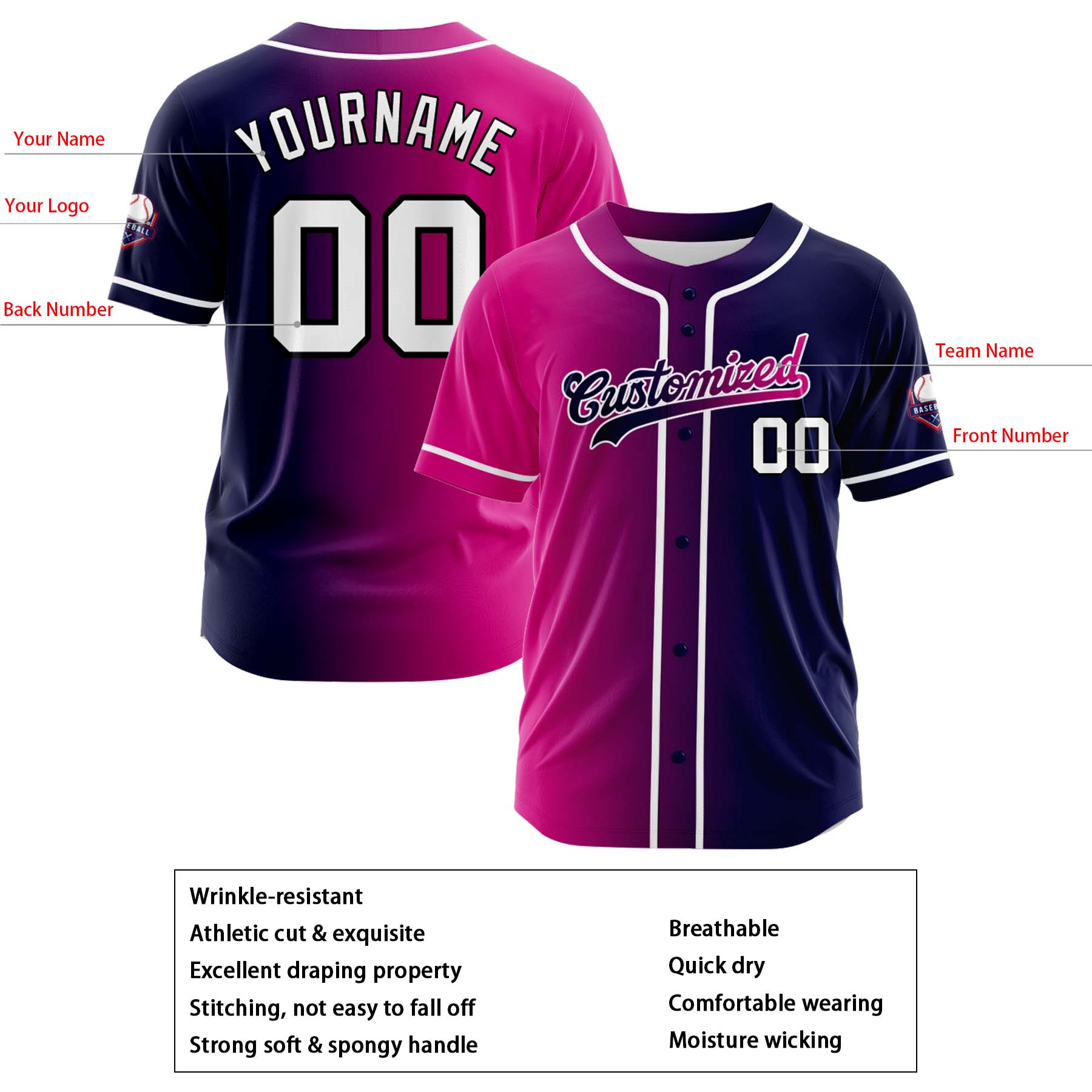 Custom Hot Pink Navy Gradient Fashion Design Full Button Authentic Baseball Jersey