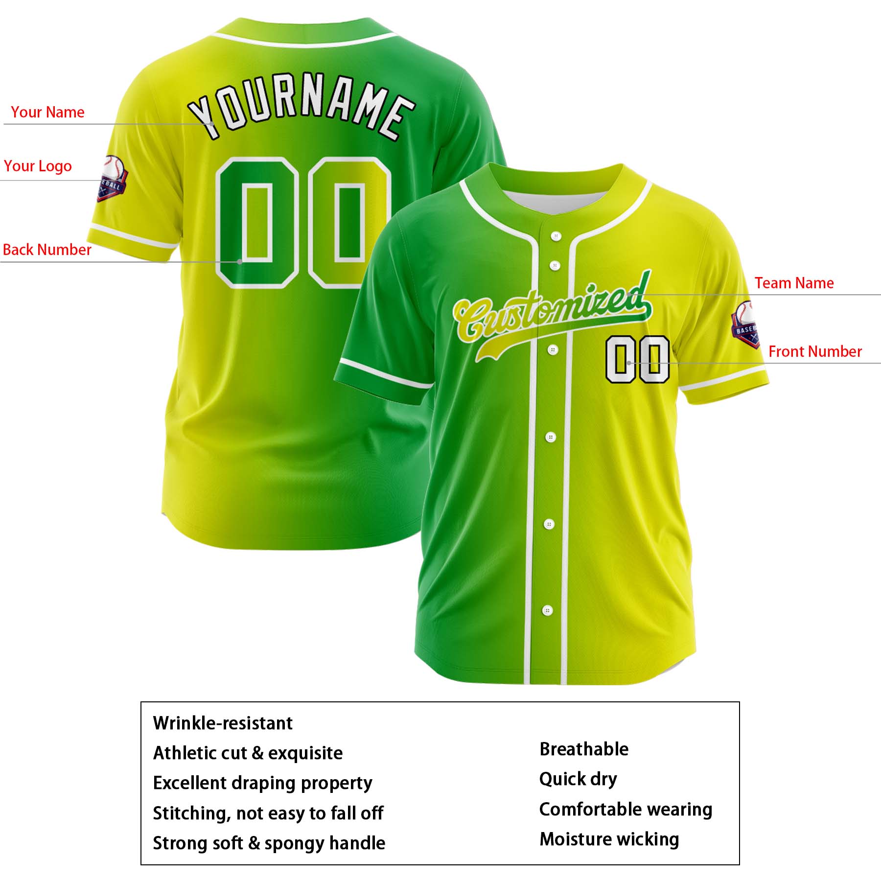 Custom Green Yellow Gradient Fashion Design Full Button Authentic Baseball Jersey