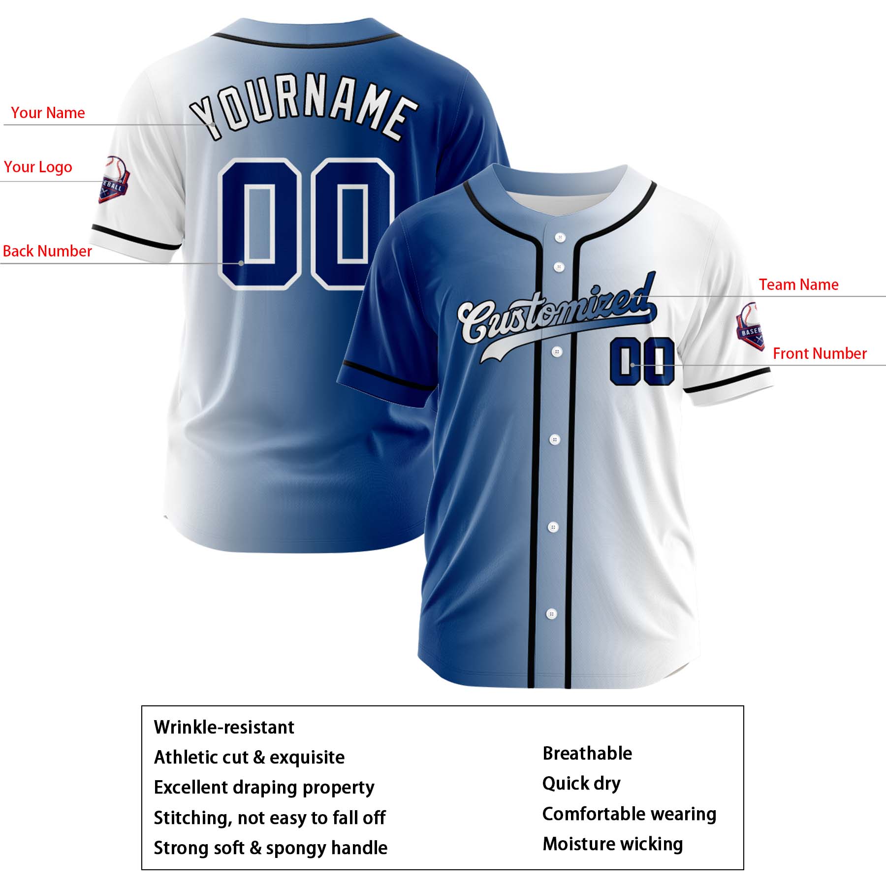 Custom Blue White Gradient Fashion Design Full Button Authentic Baseball Jersey