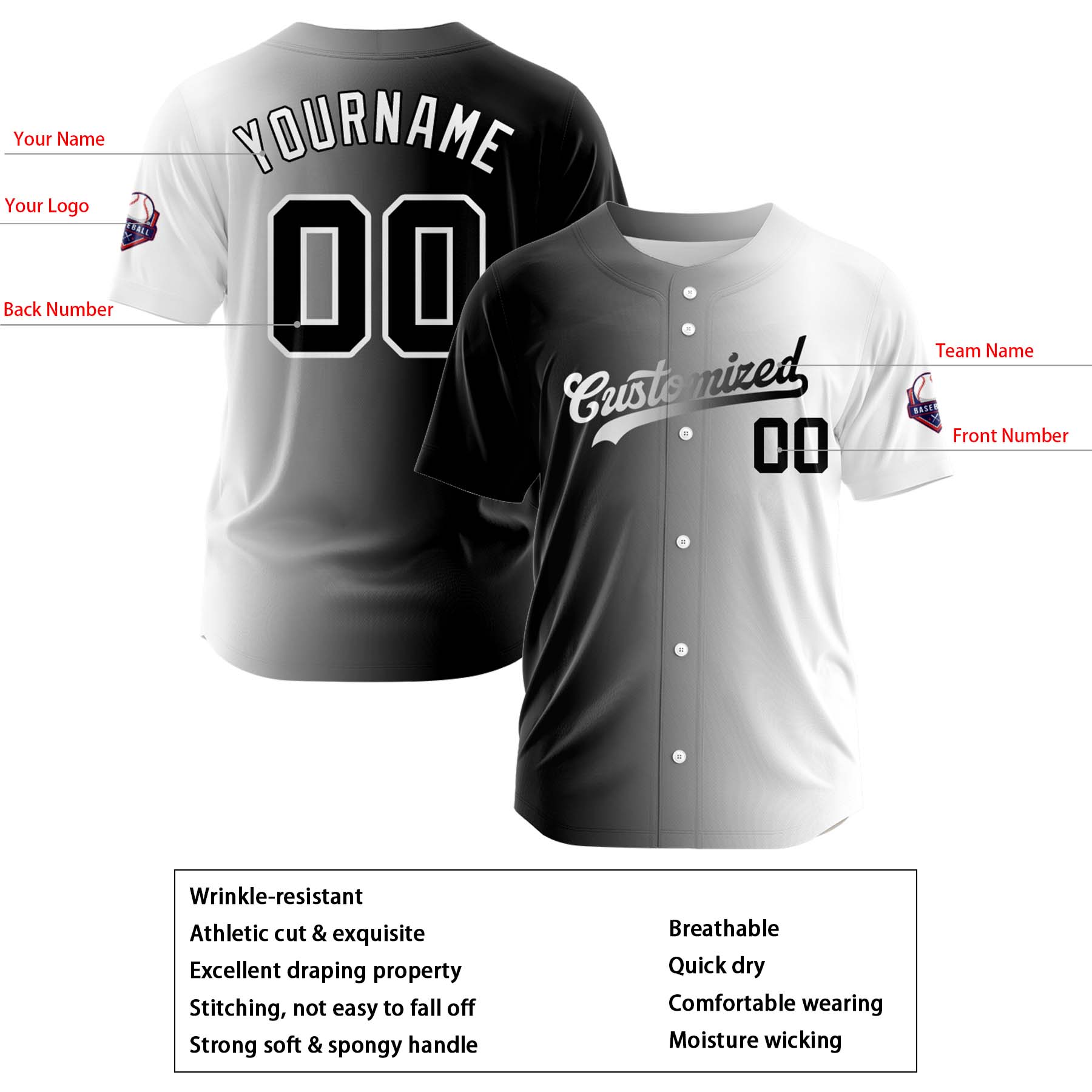 Custom Black White Gradient Fashion Design Full Button Authentic Baseball Jersey