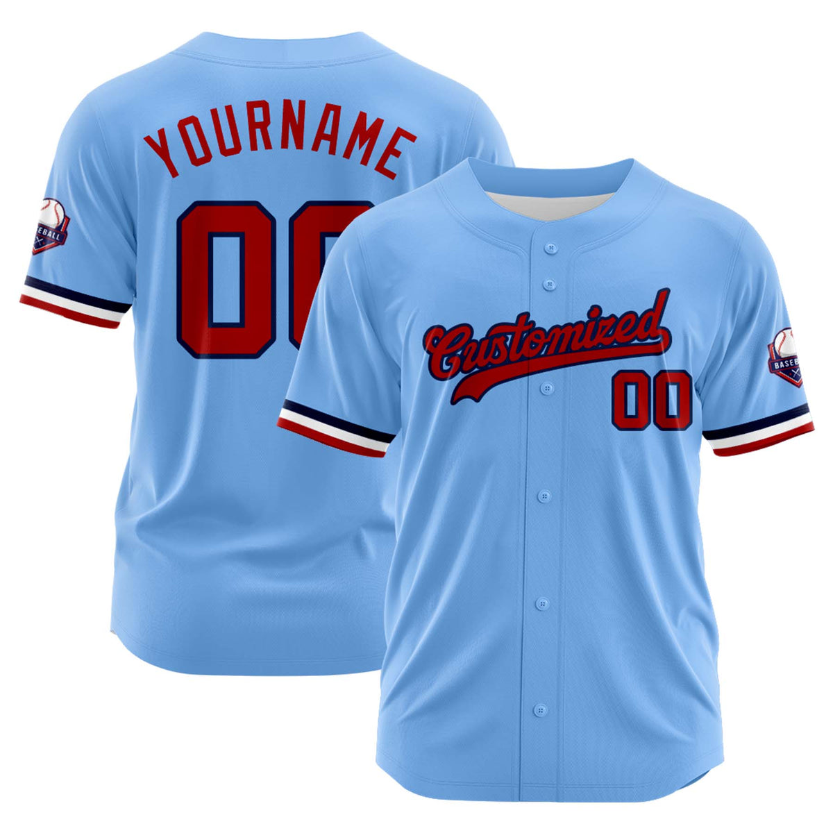Custom Personalized Light Blue Red Fashion Design Full Button Authentic Baseball Jersey