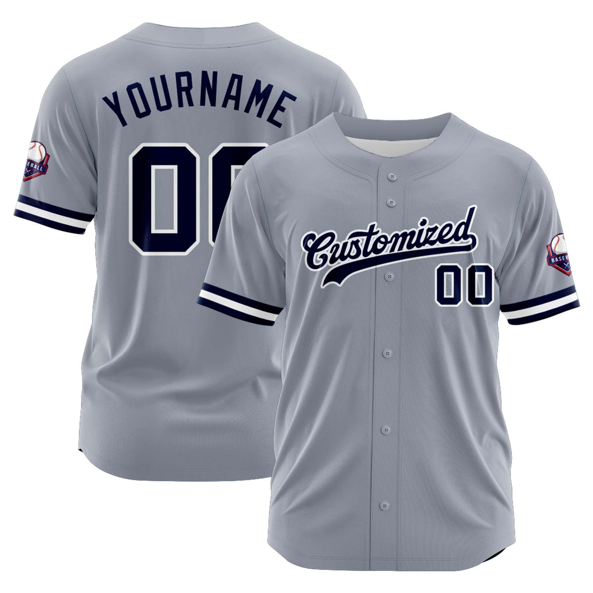 Custom Personalized Gray Navy White Fashion Design Full Button Authentic Baseball Jersey