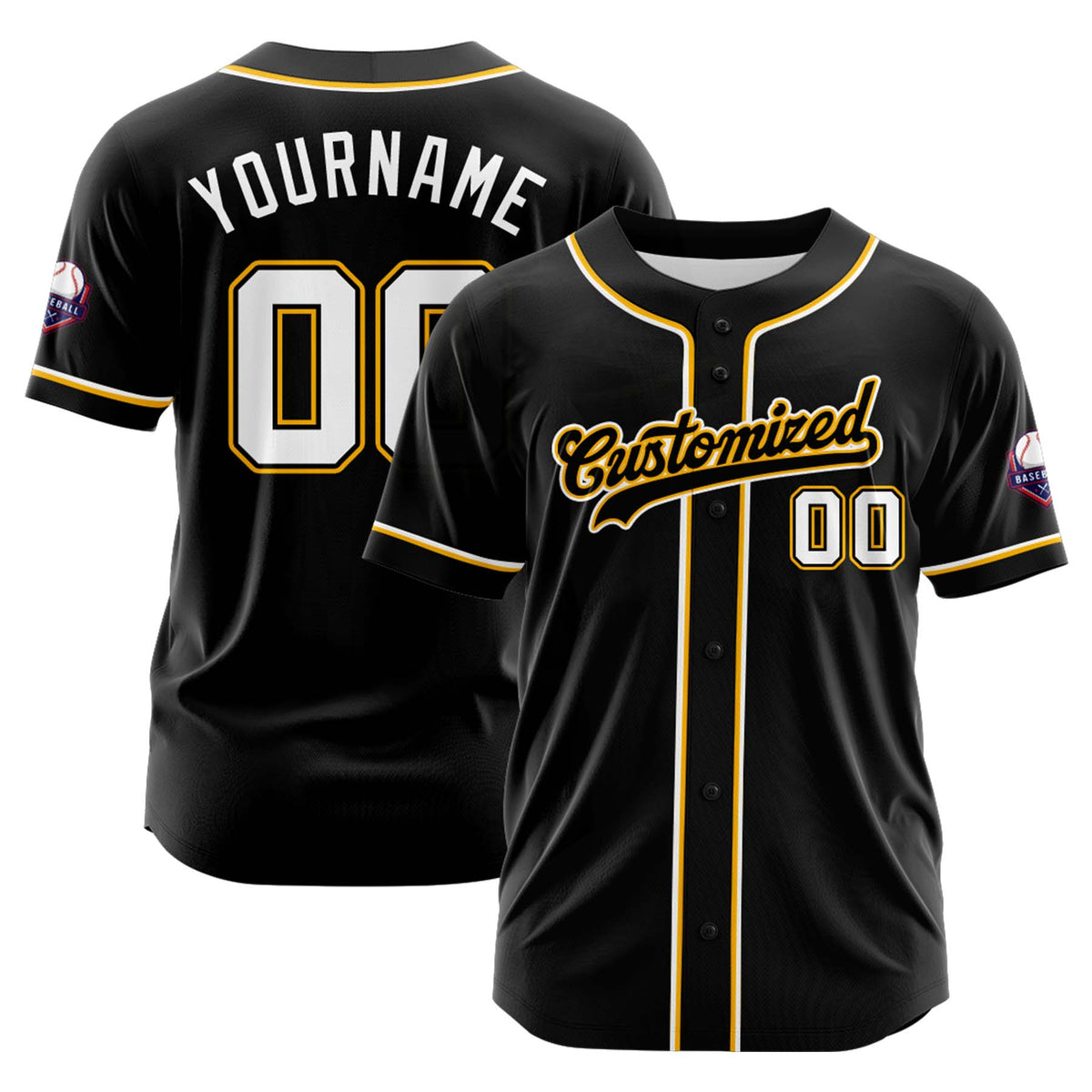 Custom Personalized Black White Yellow Fashion Design Full Button Authentic Baseball Jersey