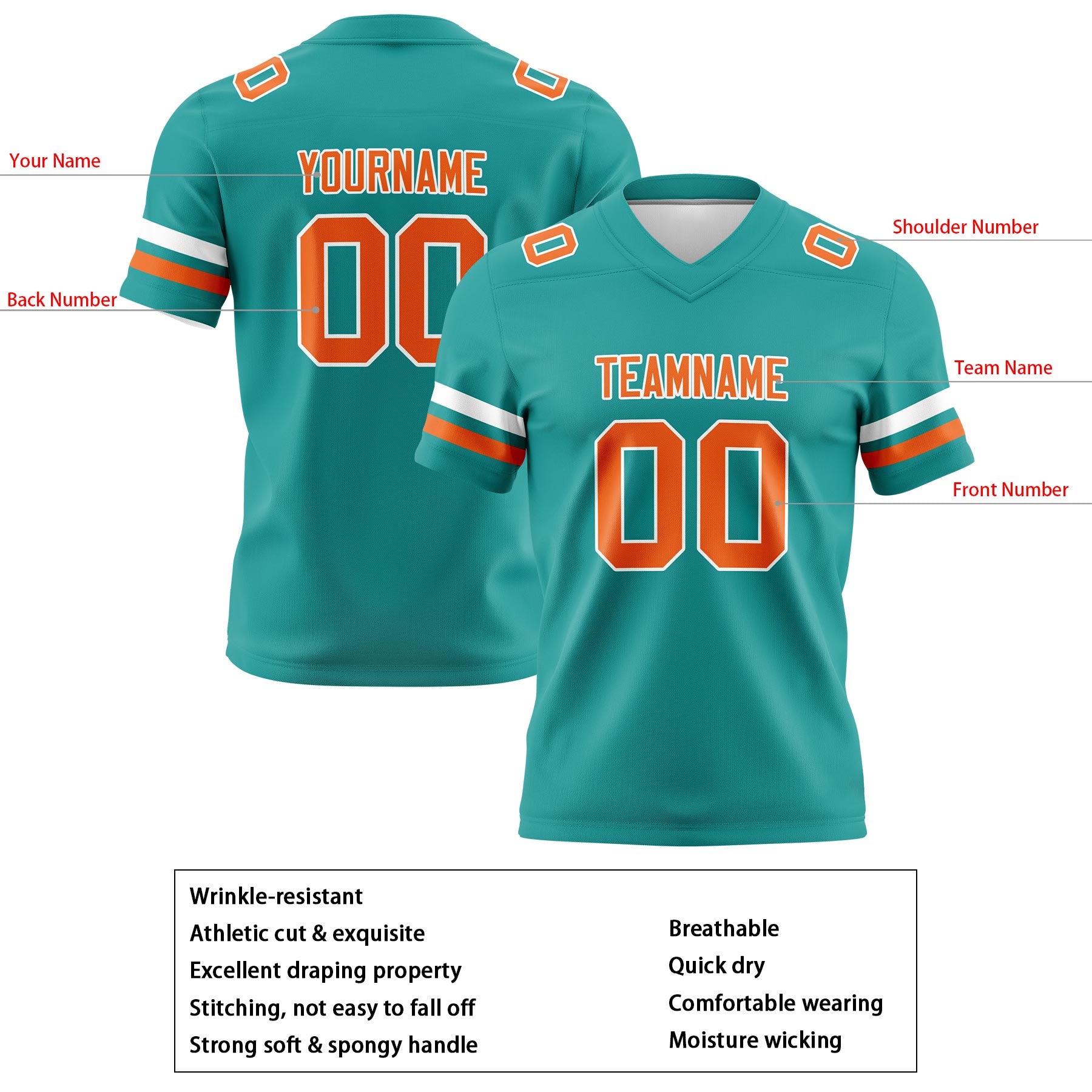 Custom Aqua Orange Football Jerseys Personalized with Your Name, Number, Logo