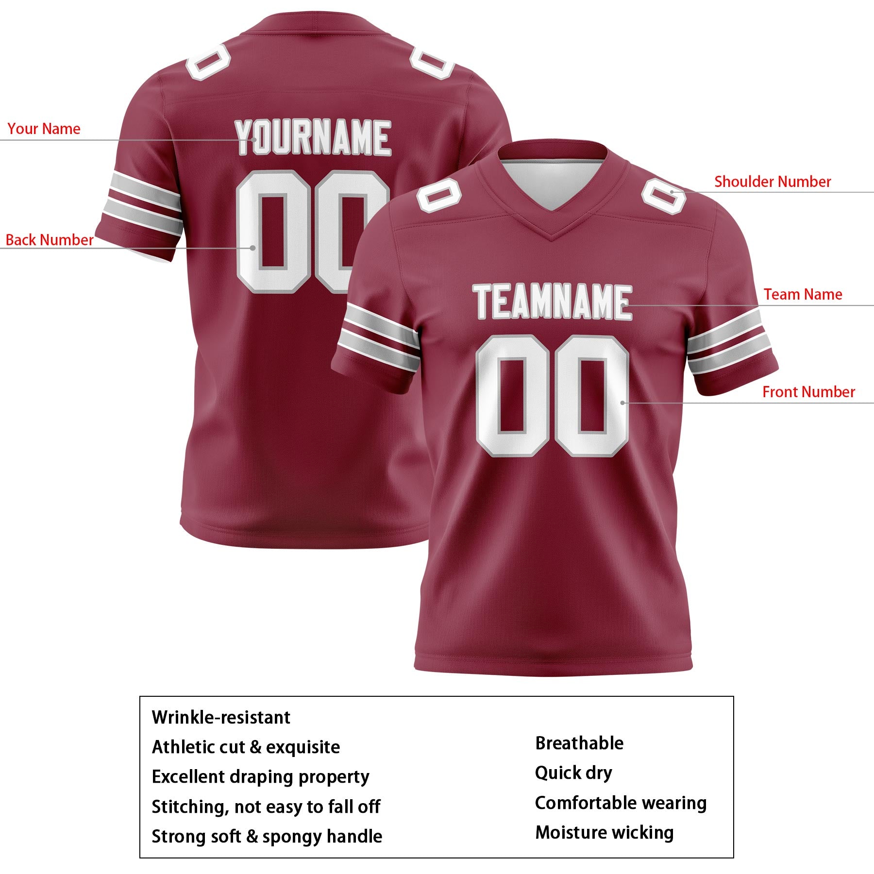 Custom Burgundy Gray Football Jerseys Personalized with Your Name Number Logo