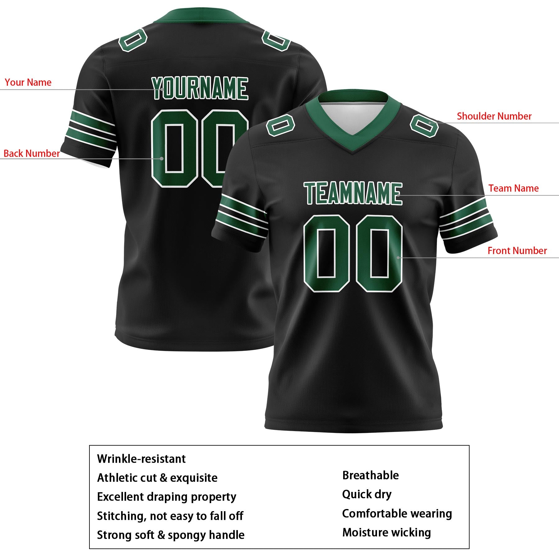 Custom Black Forest Green Football Jerseys Personalized with Your Name, Number, Logo