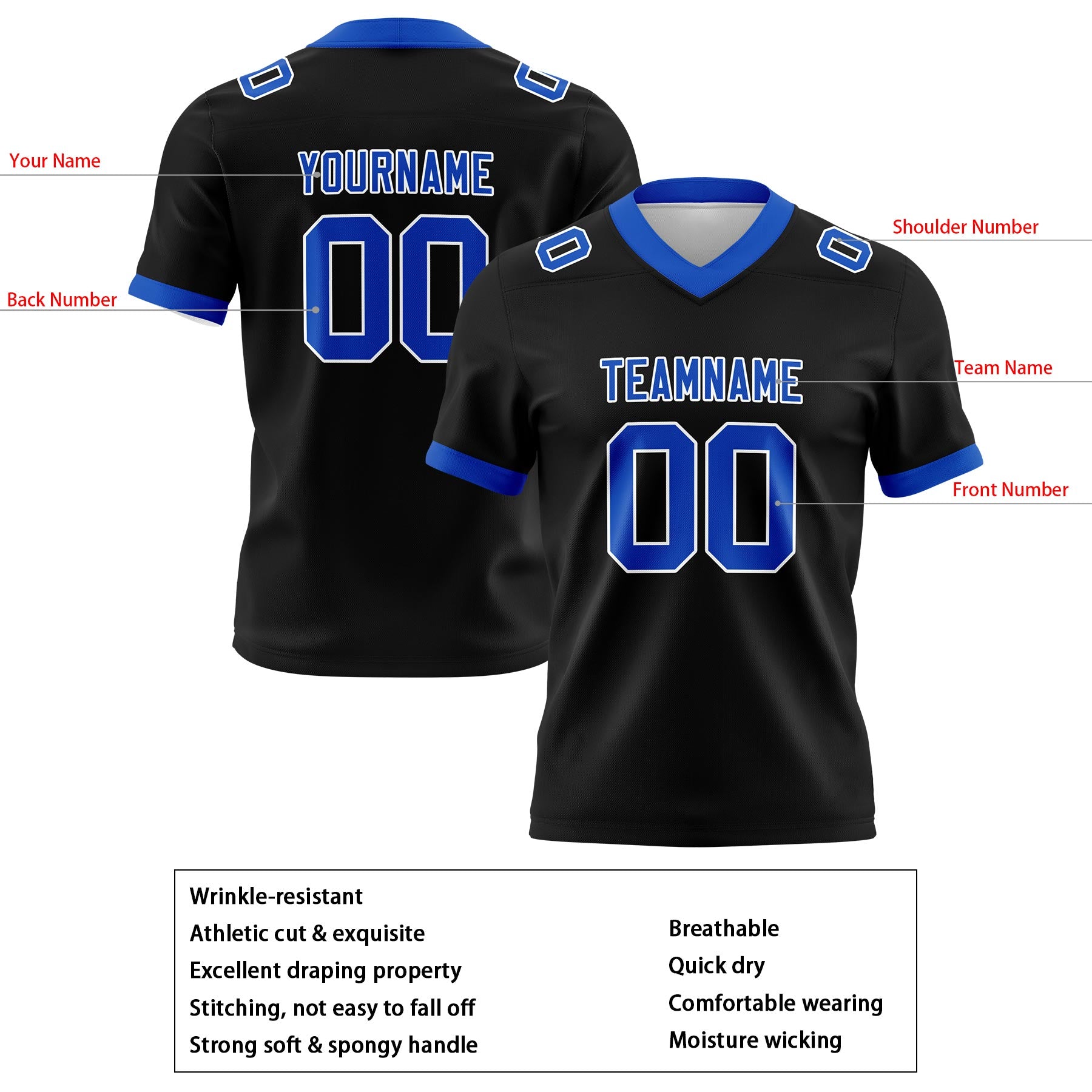 Custom Black Royal Football Jerseys Personalized with Your Name Number Logo