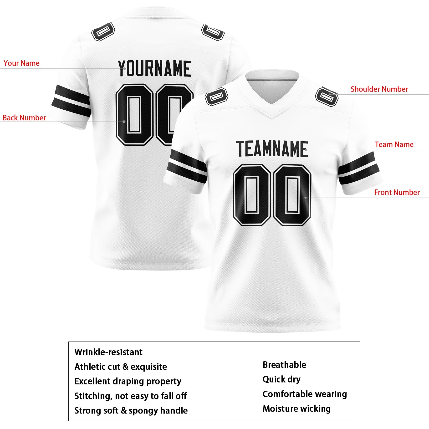 Custom White Black Football Jerseys Personalized with Your Name Number Logo