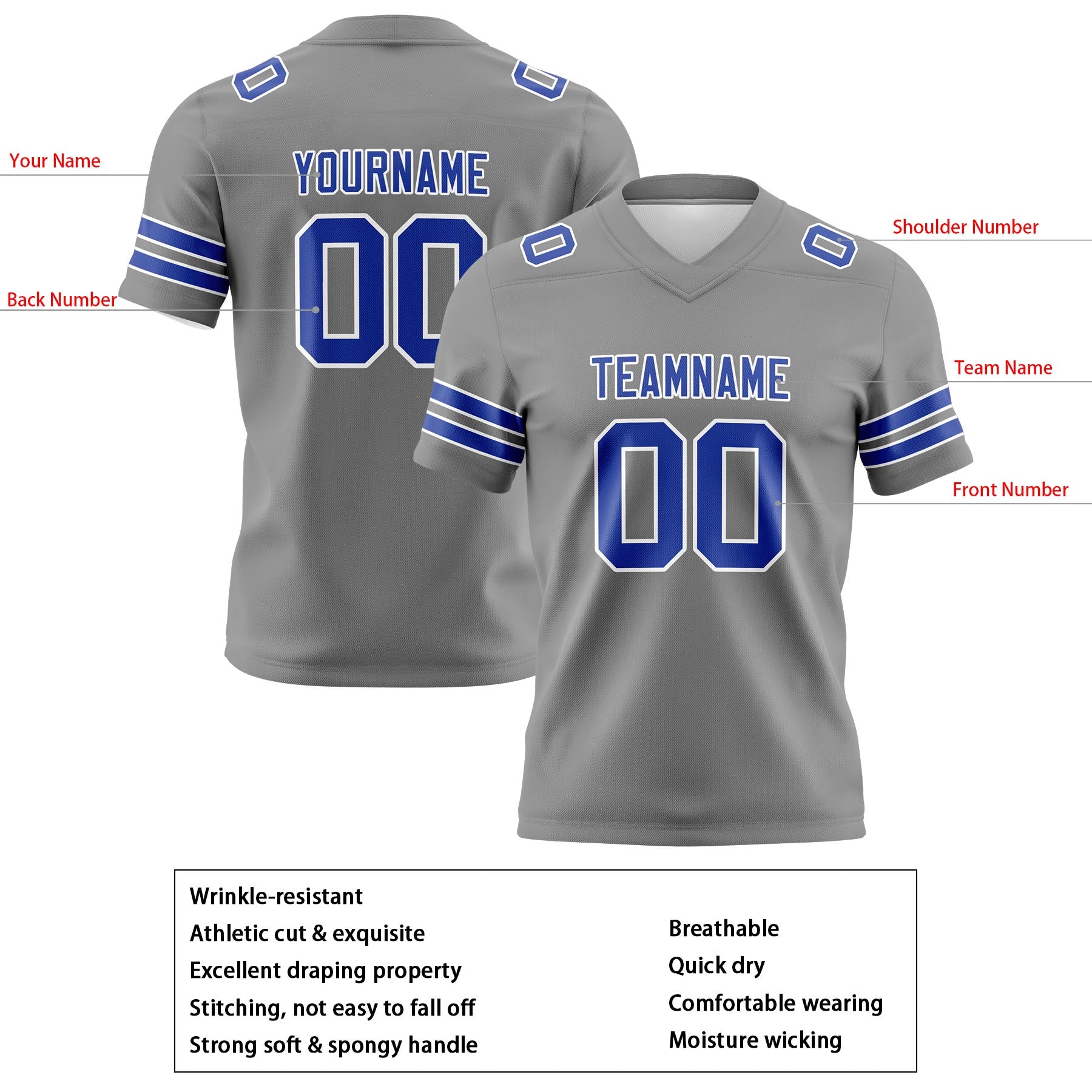 Custom Gray Royal Football Jerseys Personalized with Your Name Number Logo