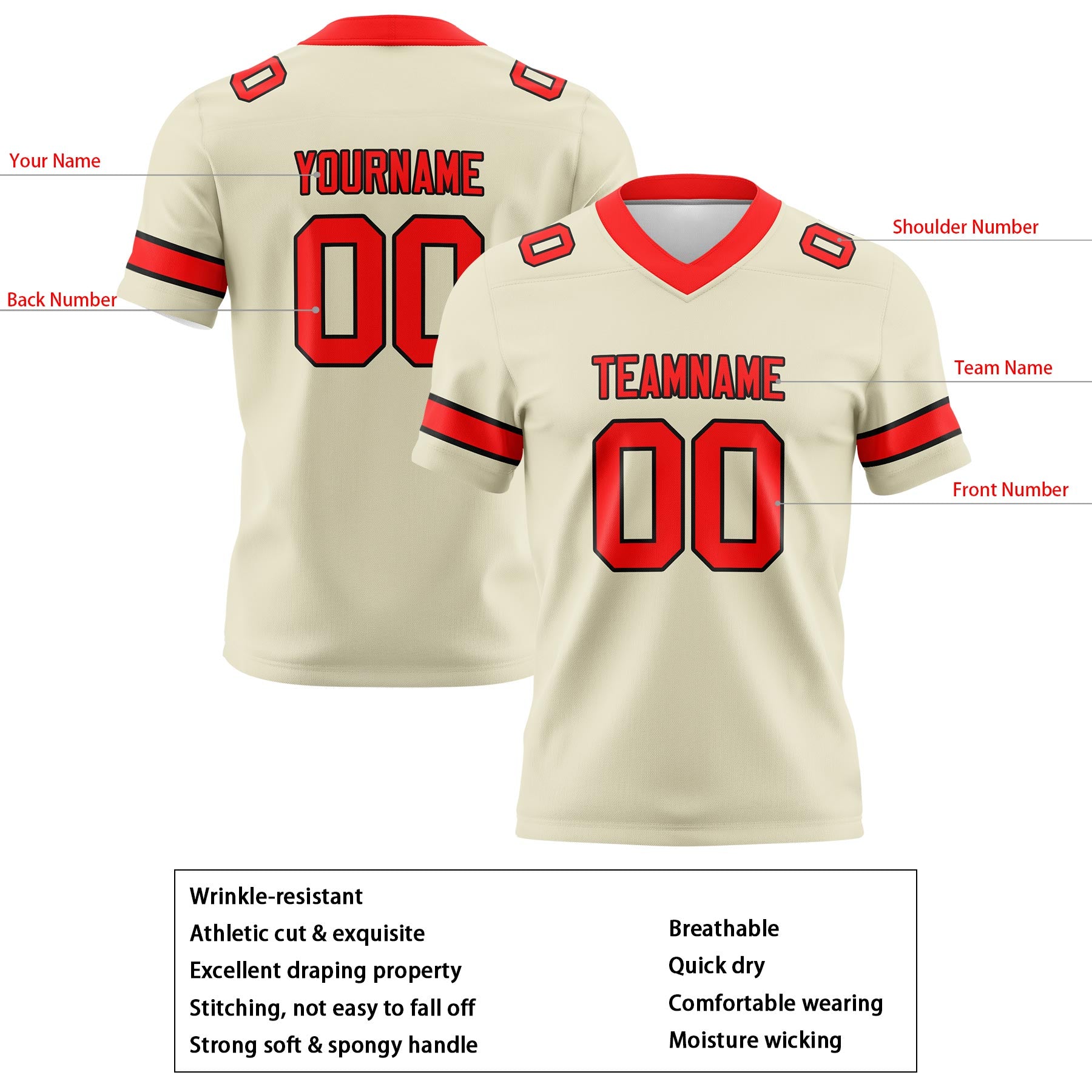Custom Cream Red Football Jerseys Personalized with Your Name Number Logo