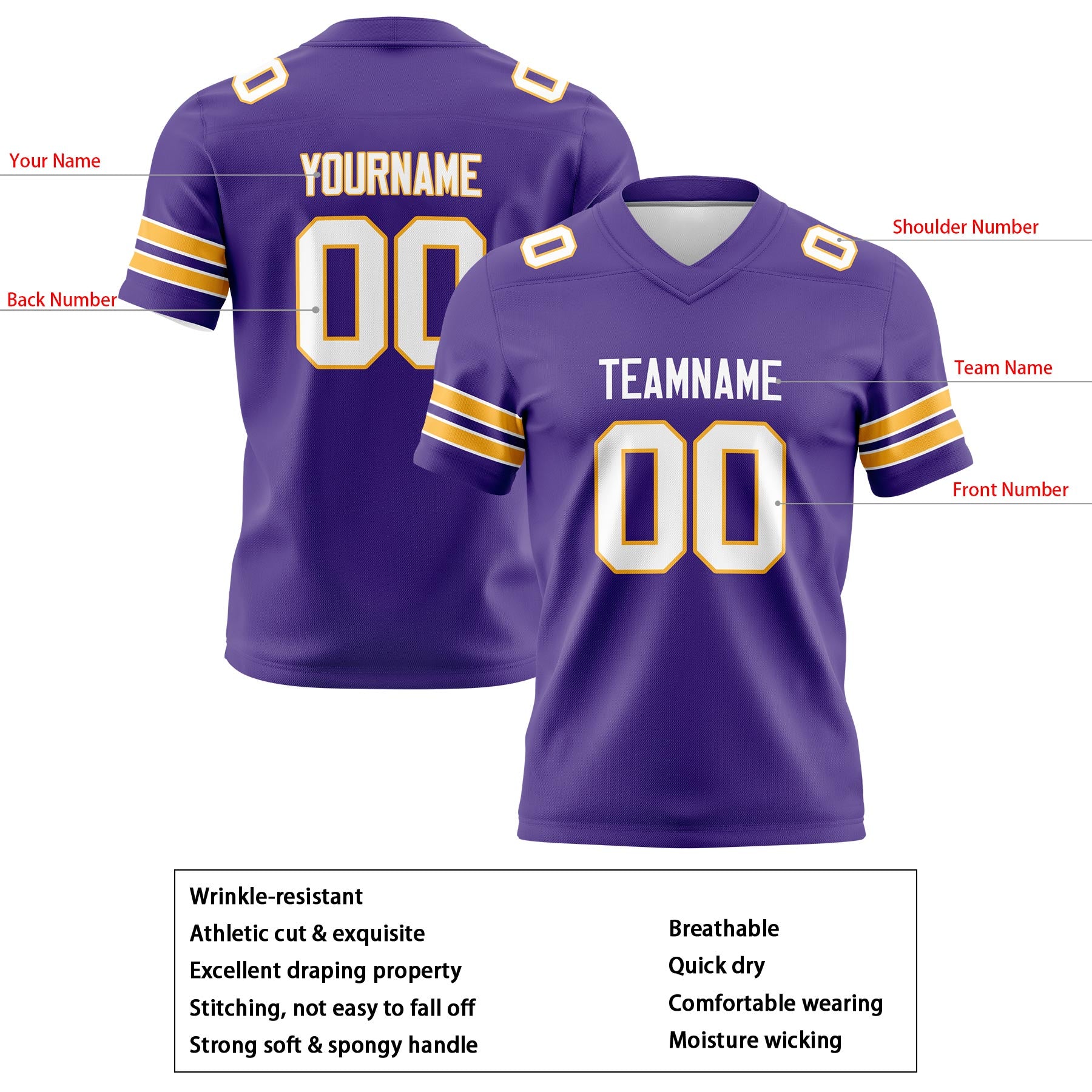 Custom Purple Yellow Football Jerseys Personalized with Your Name Number Logo