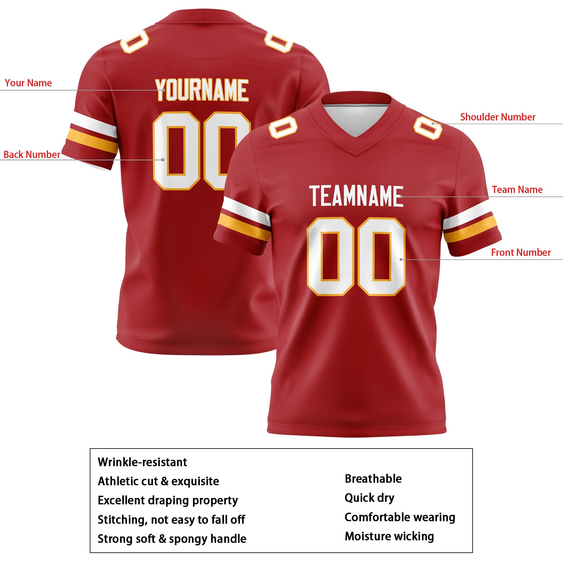 Custom Red Yellow Football Jerseys Personalized with Your Name Number Logo