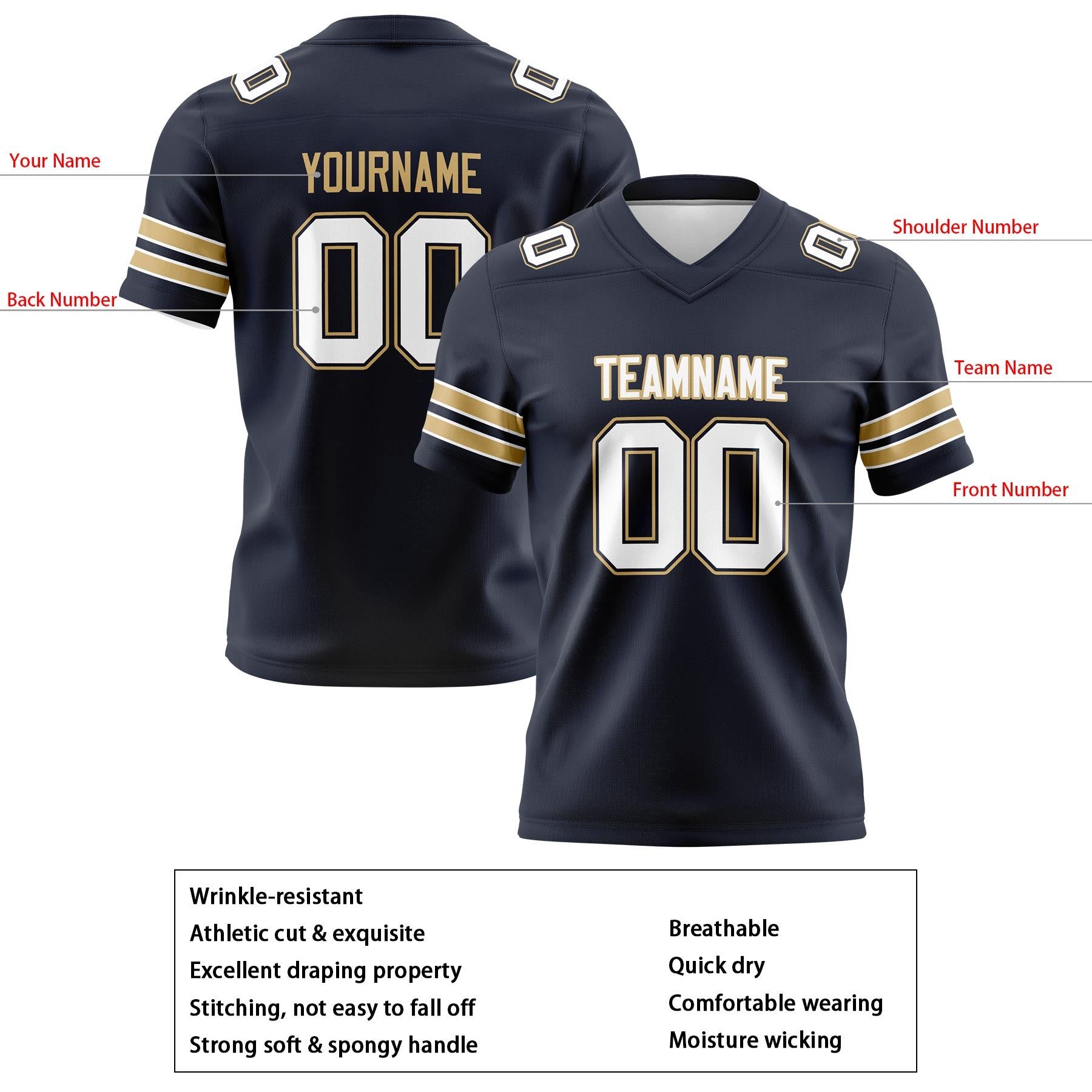 Custom Navy Gold Football Jerseys Personalized with Your Name Number Logo