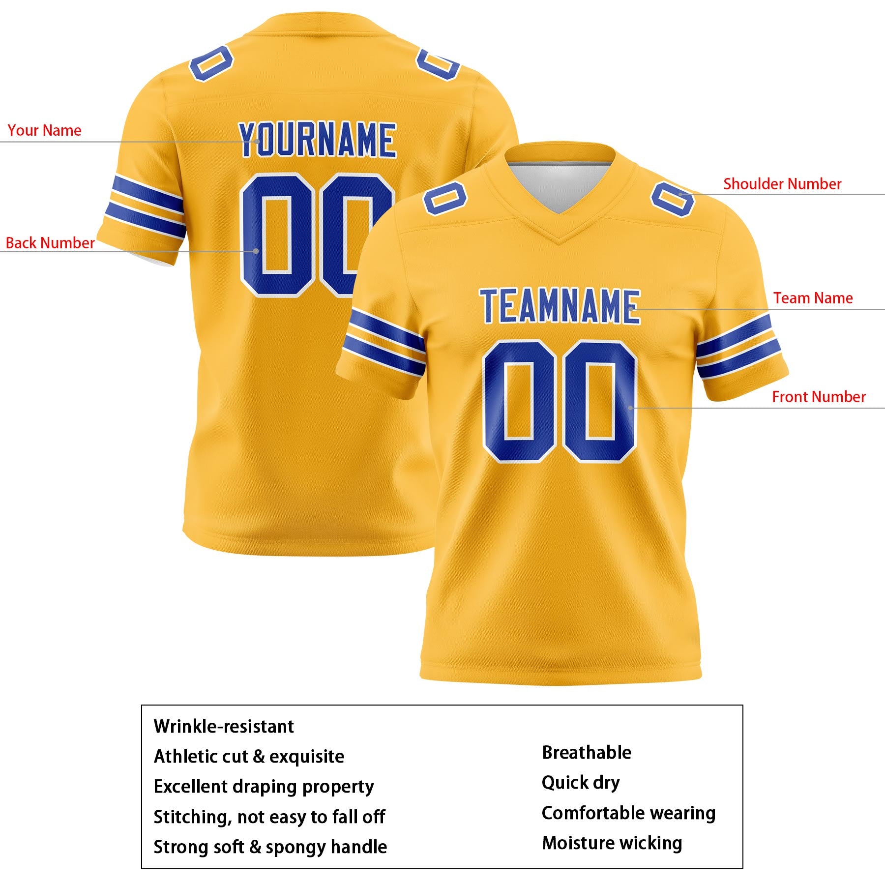 Custom Gold Royal Football Jerseys Personalized with Your Name Number Logo