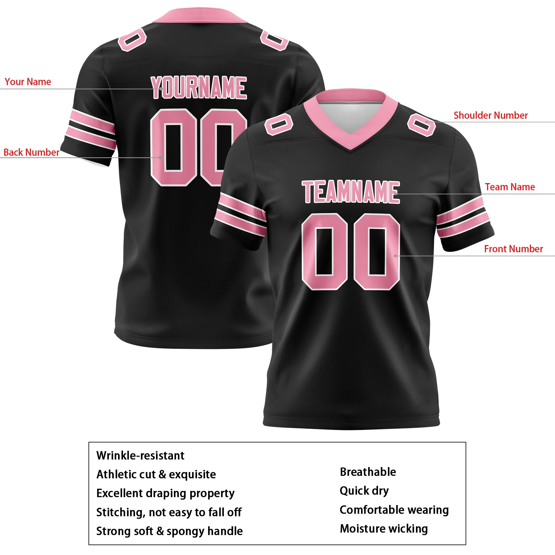 Custom Black Pink Football Jerseys Personalized with Your Name Number Logo