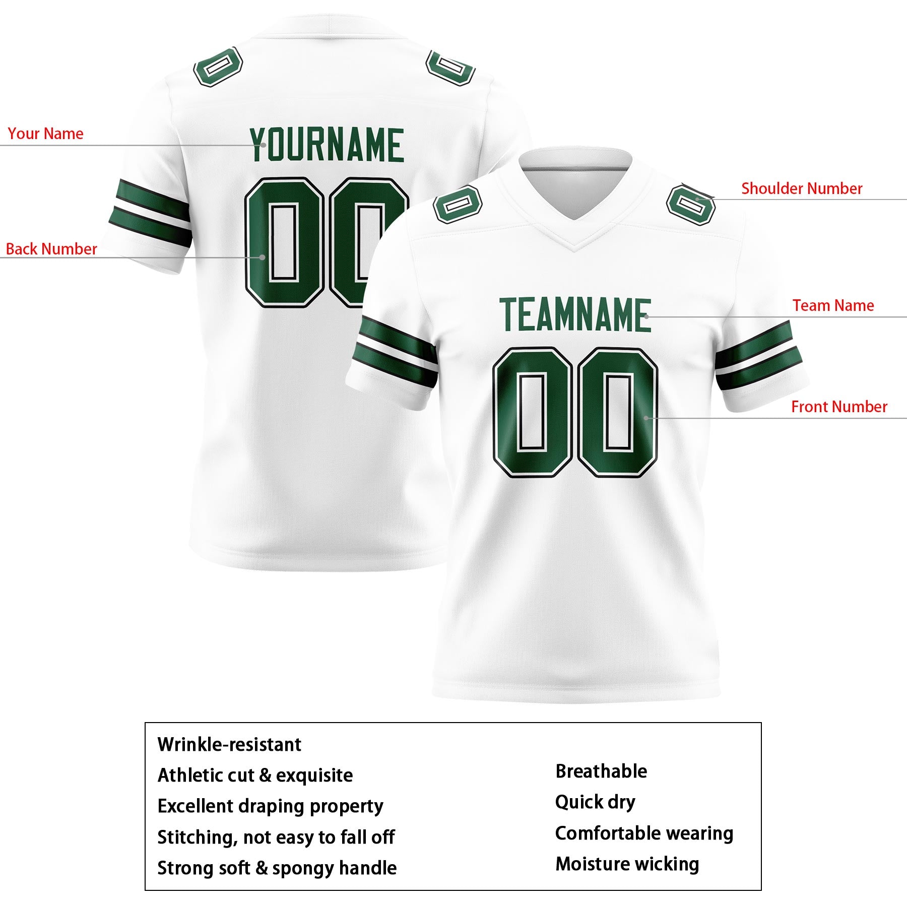 Custom White Green Football Jerseys Personalized with Your Name Number Logo