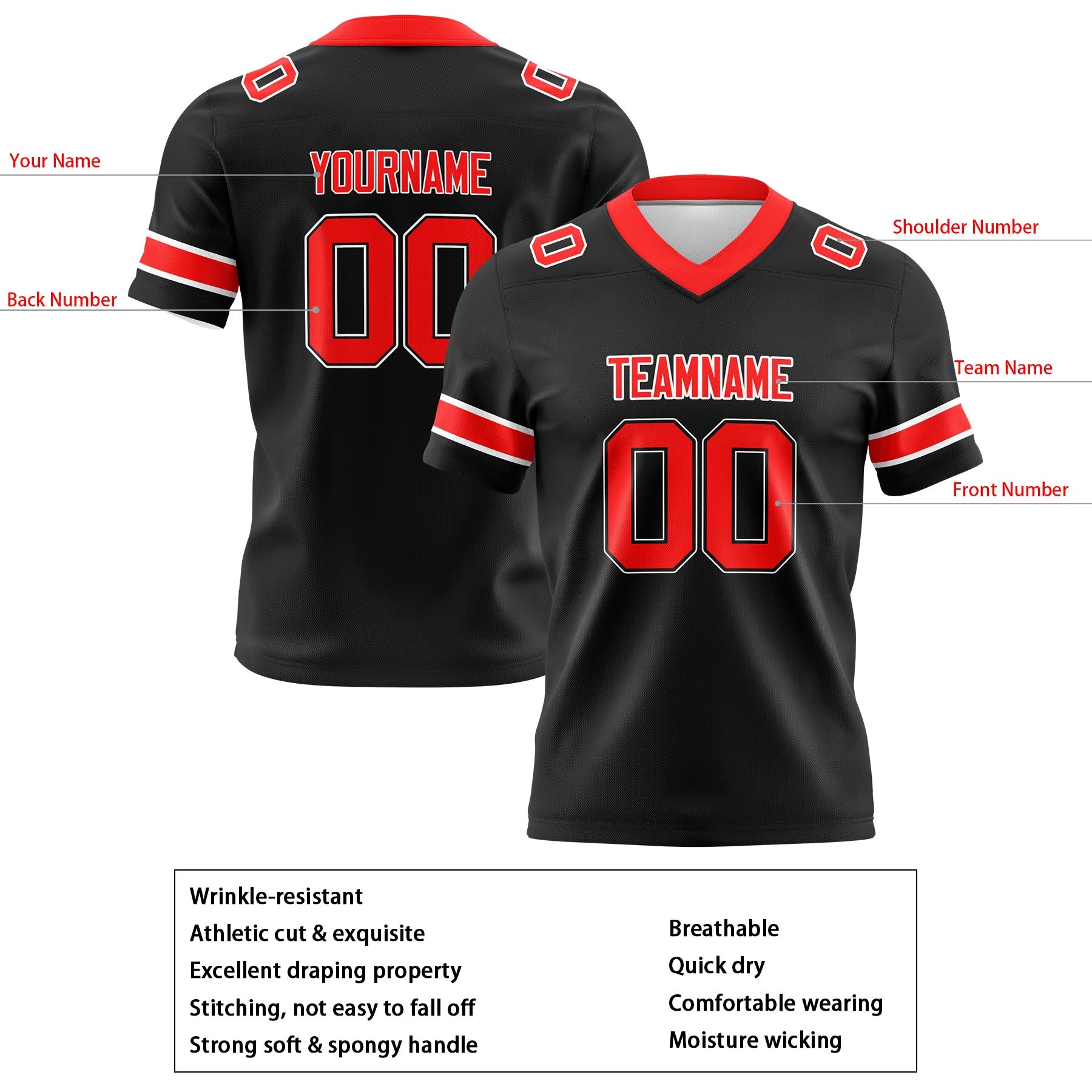 Custom Black Red Football Jerseys Personalized with Your Name Number Logo