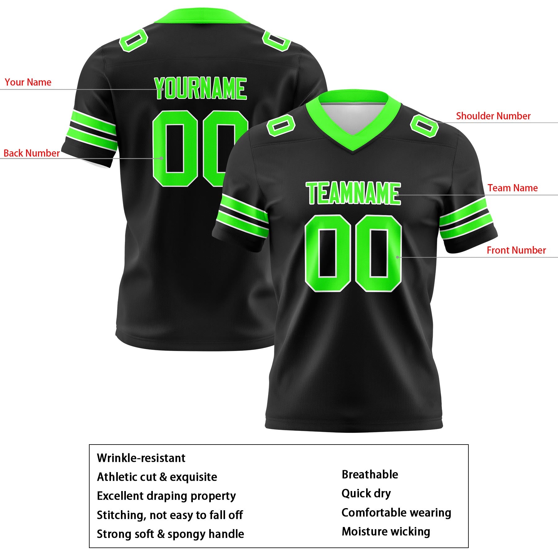 Custom Black Neon Green Football Jerseys Personalized with Your Name Number Logo