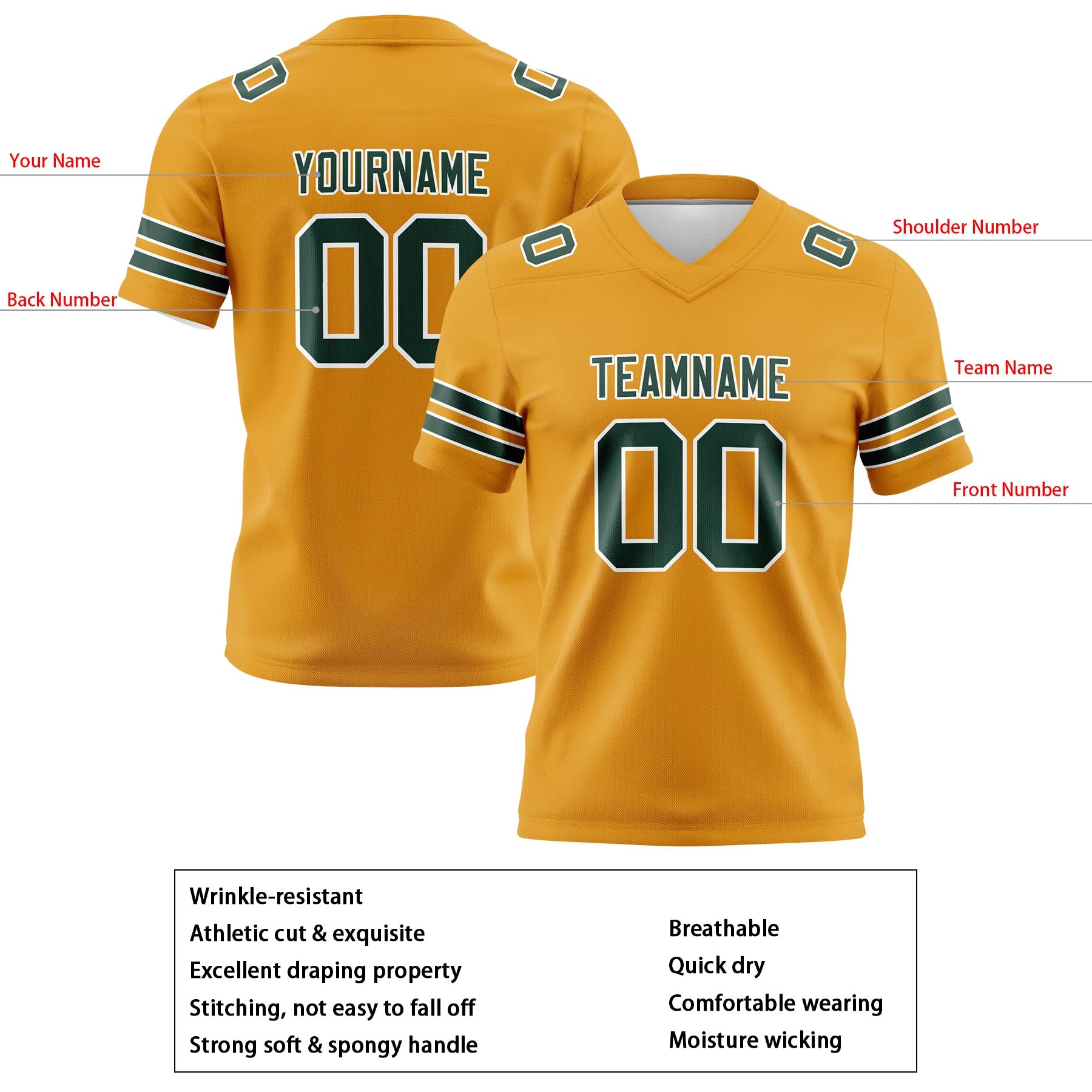 Custom Gold Green Football Jerseys Personalized with Your Name Number Logo