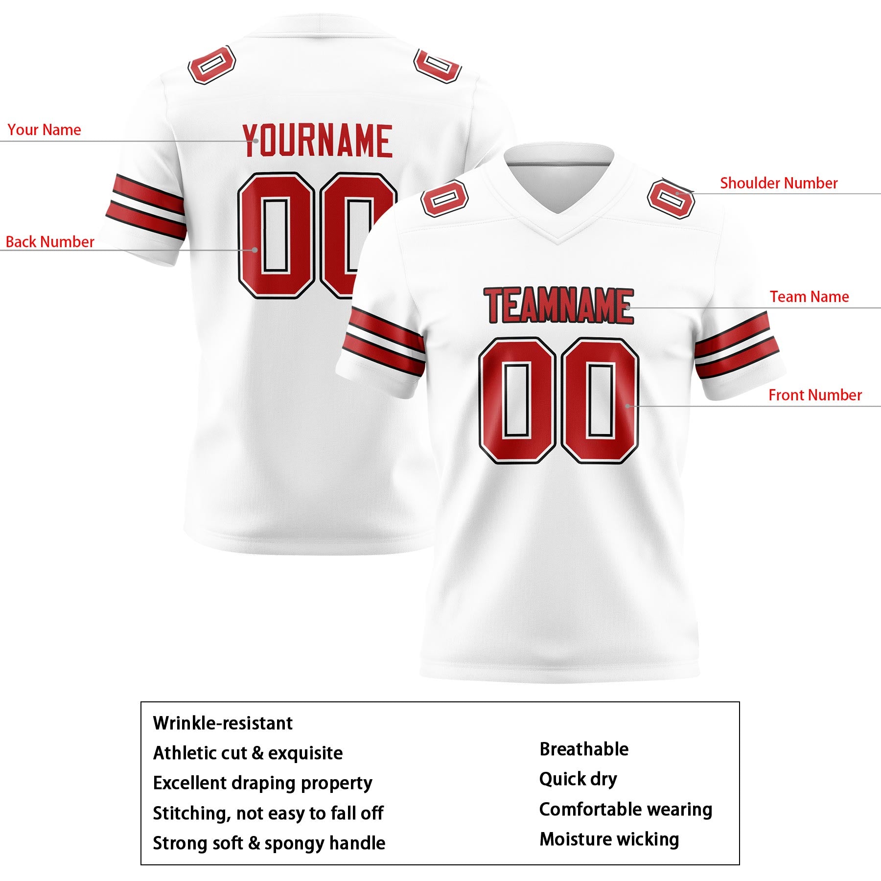 Custom White Red Football Jerseys Personalized with Your Name Number Logo