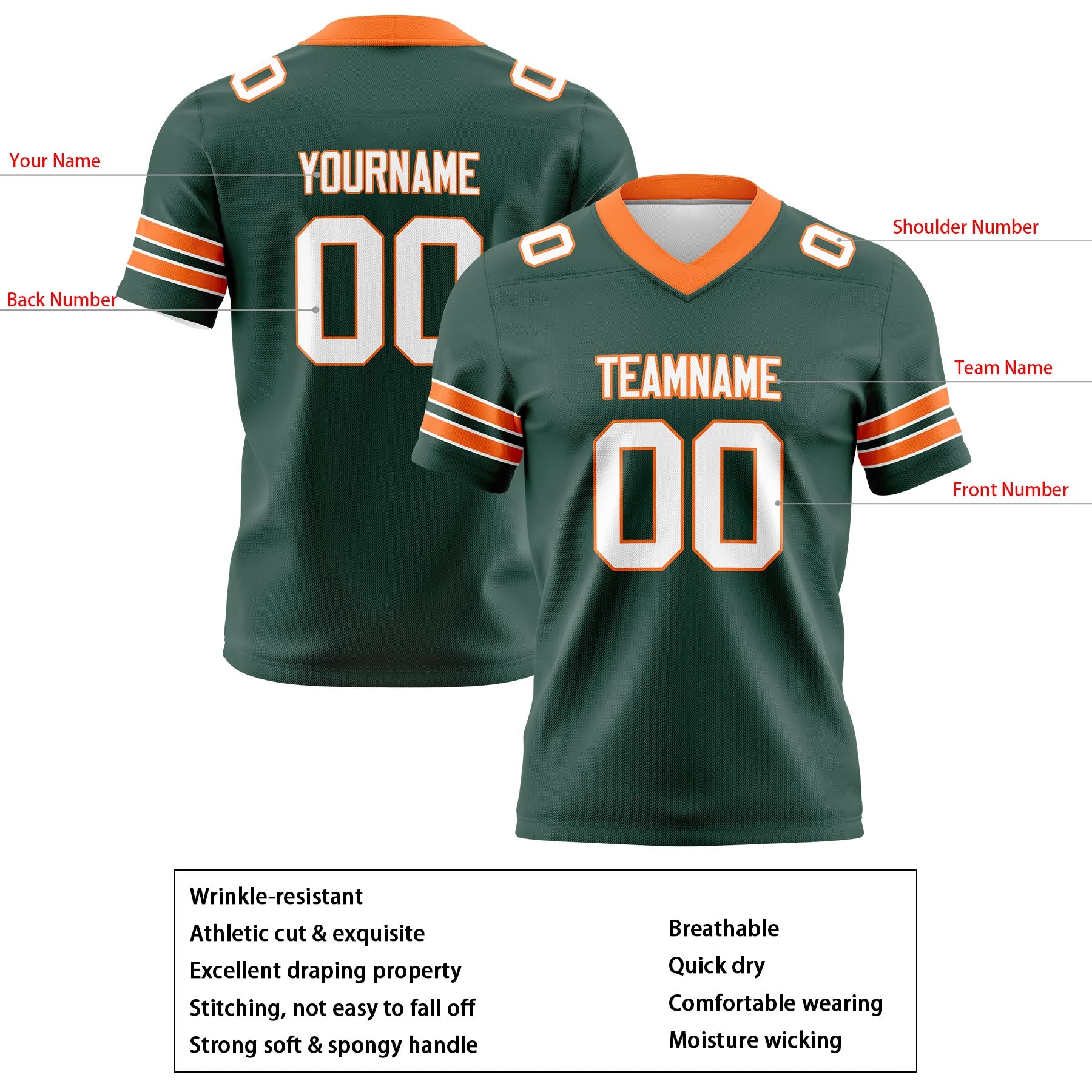 Custom Dark Teal Green Orange Football Jerseys Personalized with Your Name Number Logo