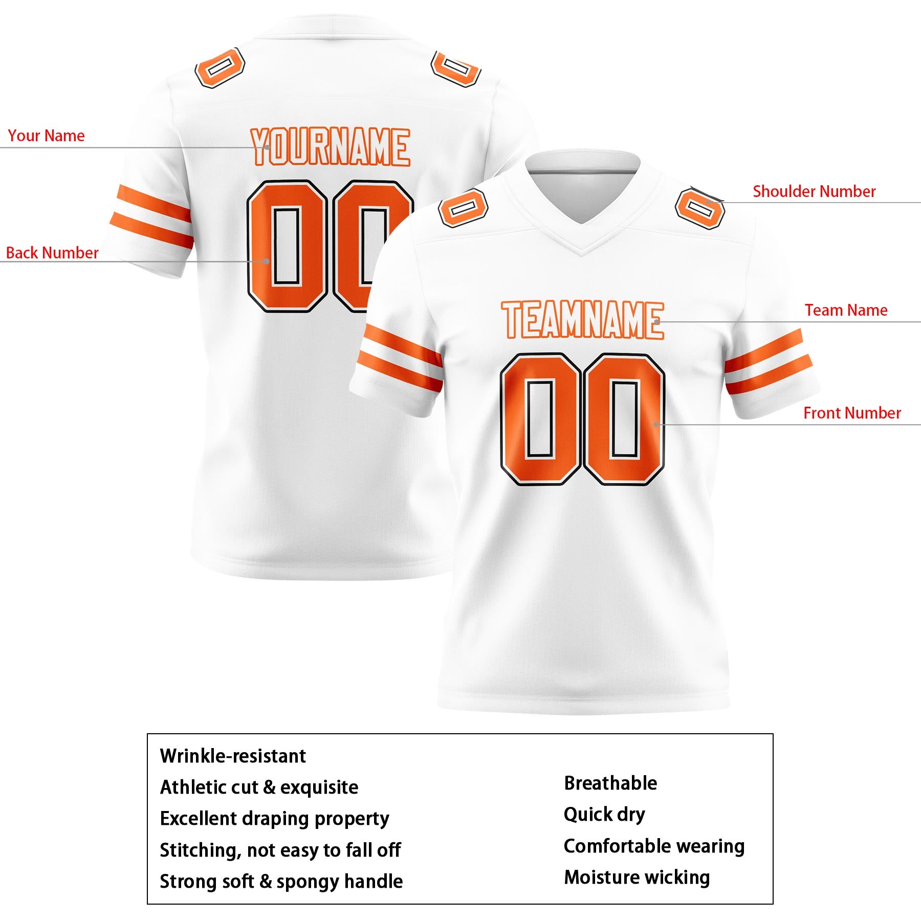 Custom White Orange Football Jerseys Personalized with Your Name Number Logo