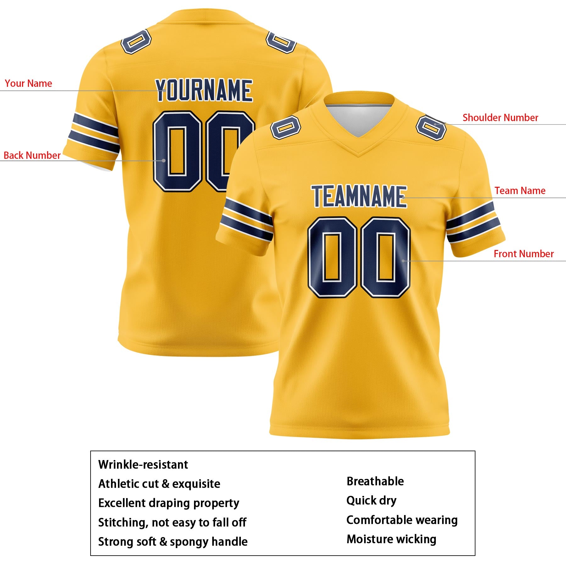 Custom Yellow Navy Football Jerseys Personalized with Your Name Number Logo