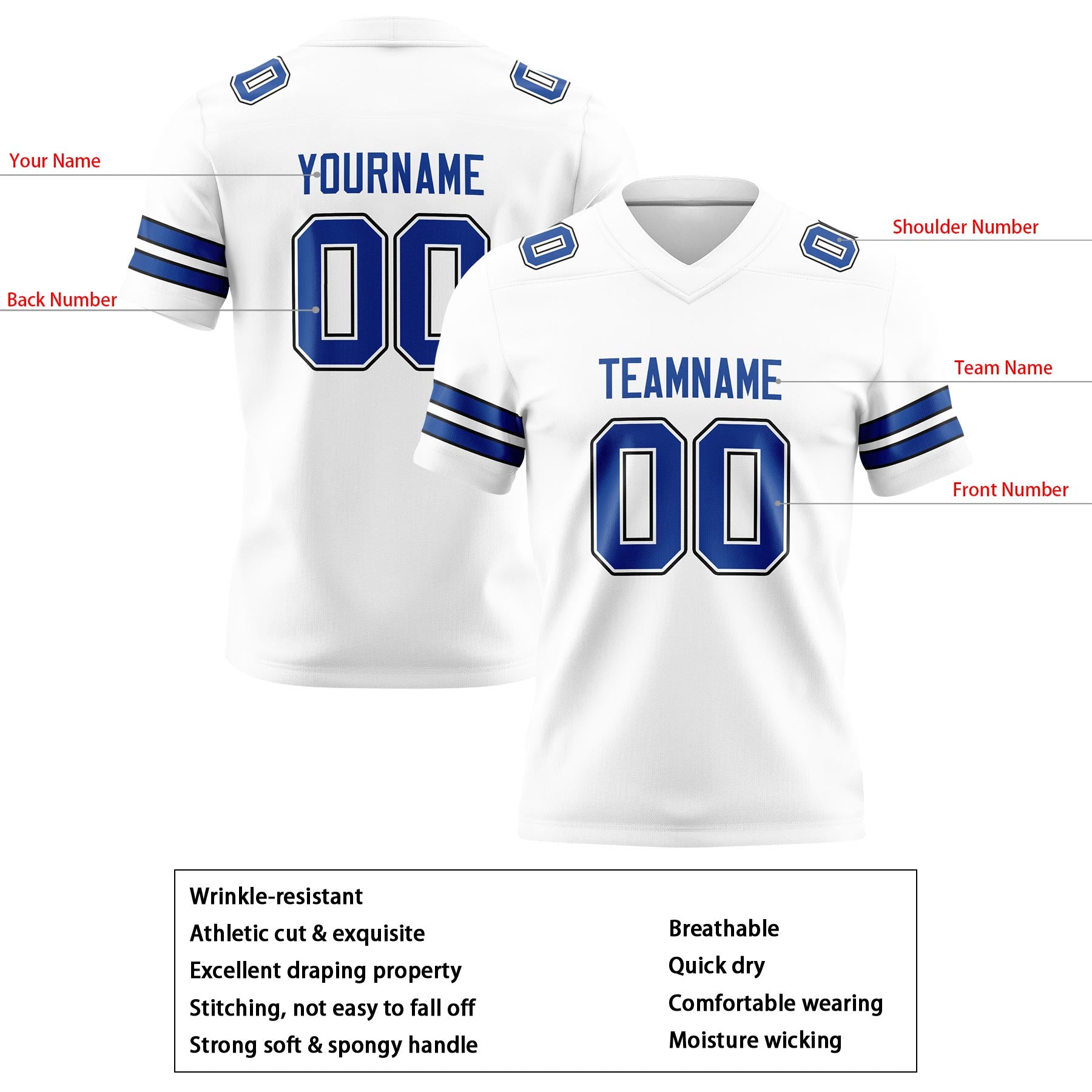 Custom White Royal Football Jerseys Personalized with Your Name Number Logo