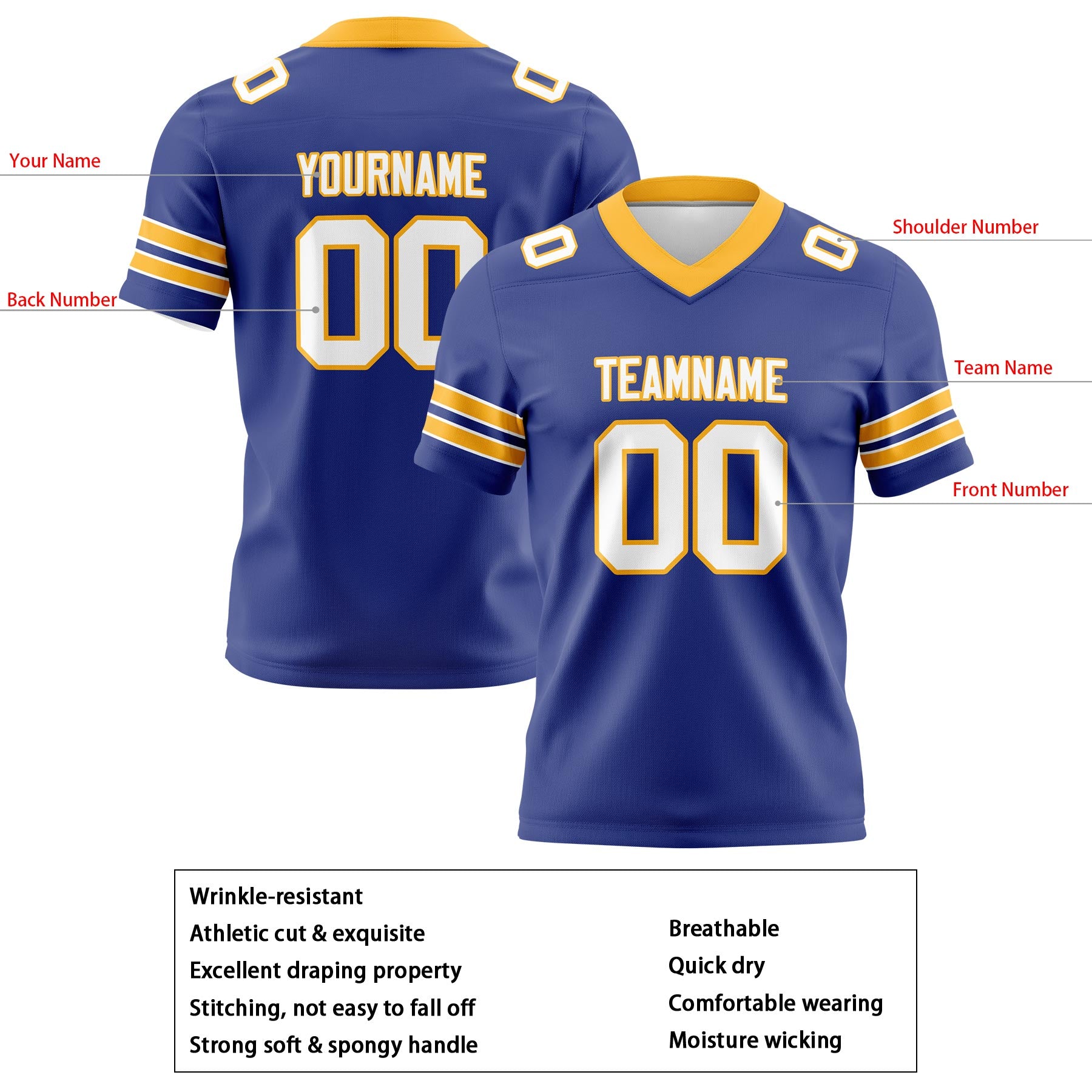 Custom Royal Yellow Football Jerseys Personalized with Your Name Number Logo