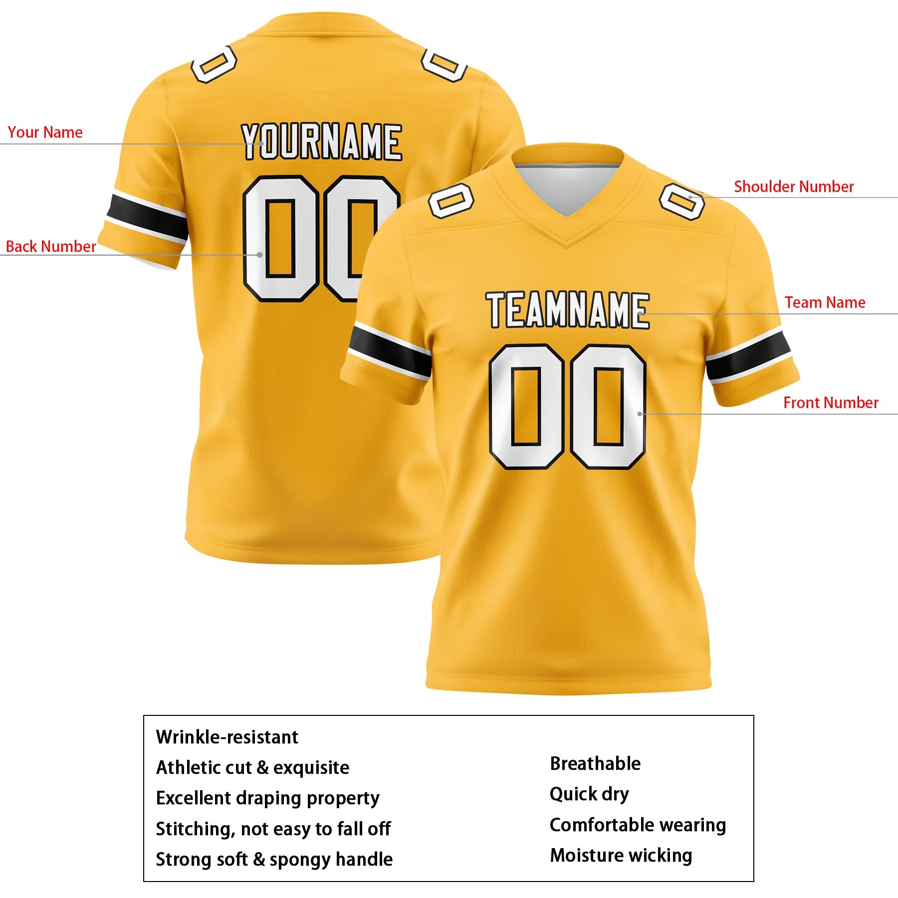 Custom Gold White Football Jerseys Personalized with Your Name Number Logo