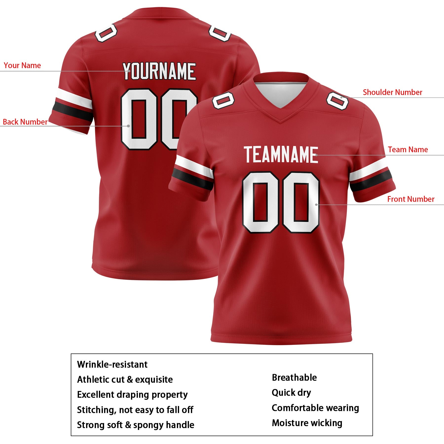 Custom Red Black Football Jerseys Personalized with Your Name Number Logo