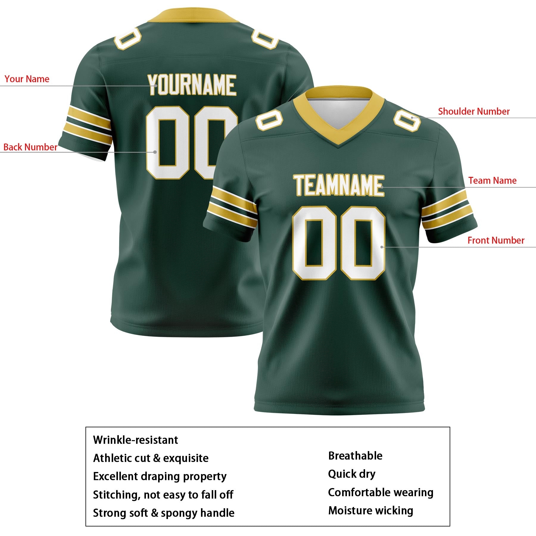 Custom Dark Teal Green Yellow Football Jerseys Personalized with Your Name Number Logo