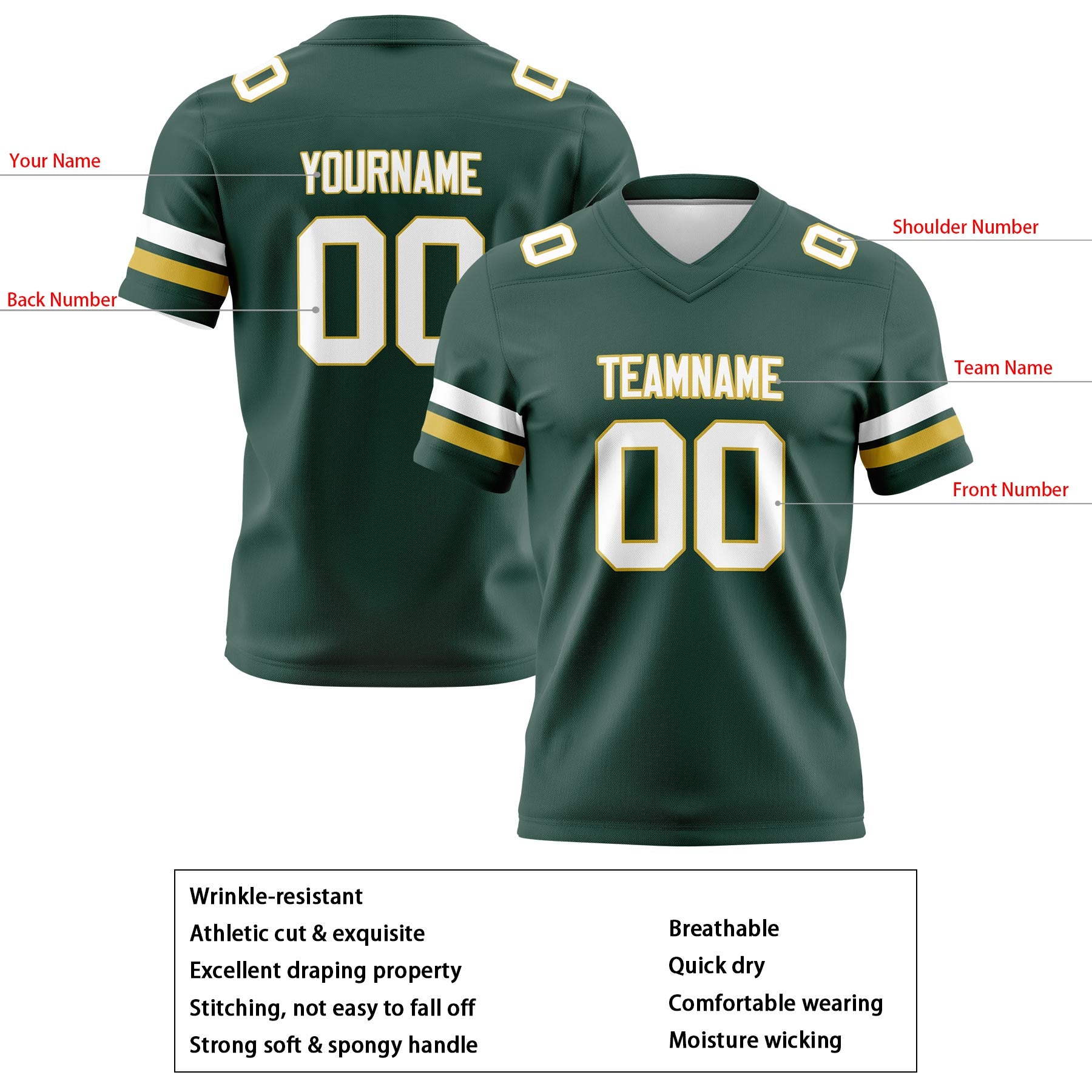 Custom Dark Teal Green Yellow Football Jerseys Personalized with Your Name Number Logo