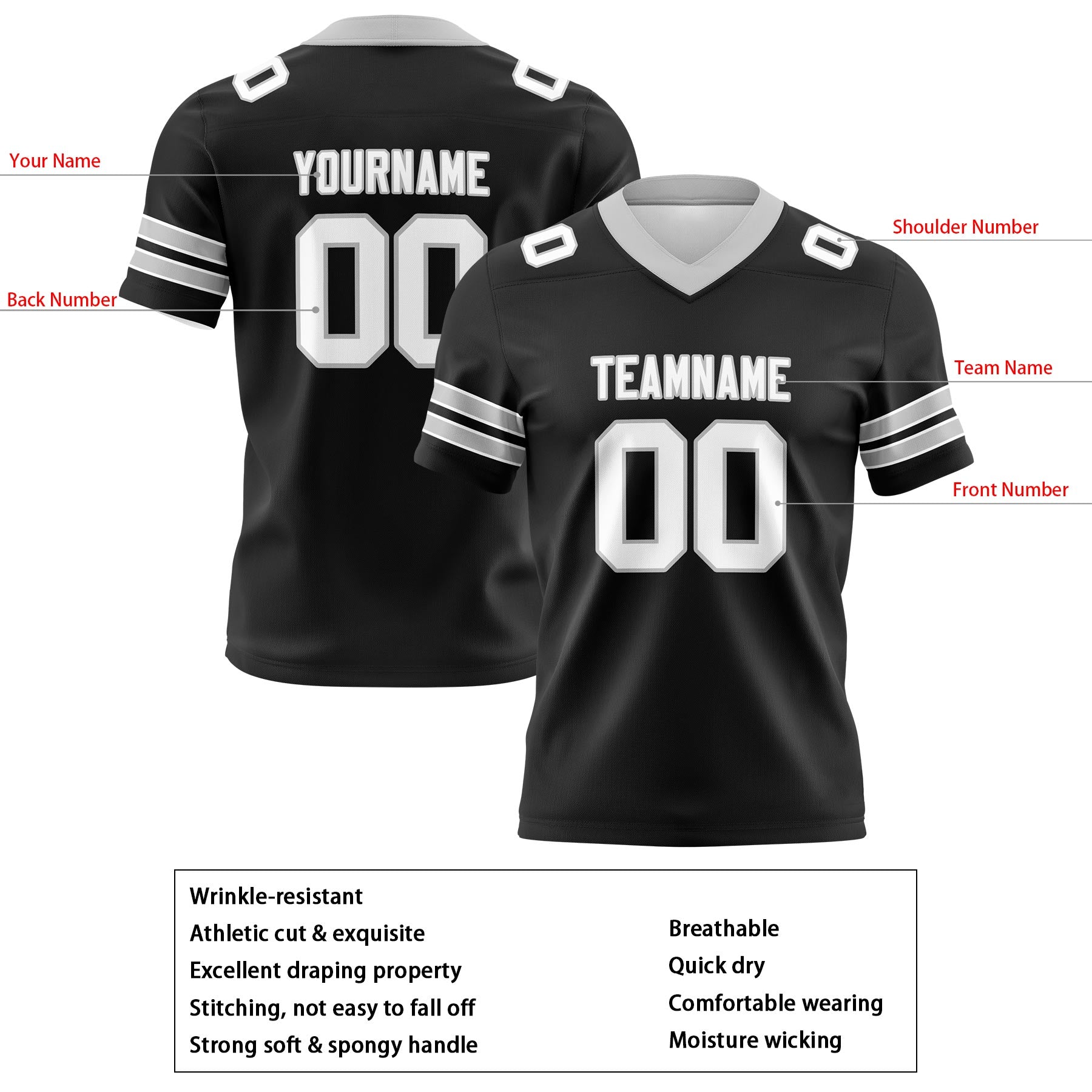 Custom Black Gray Football Jerseys Personalized with Your Name Number Logo
