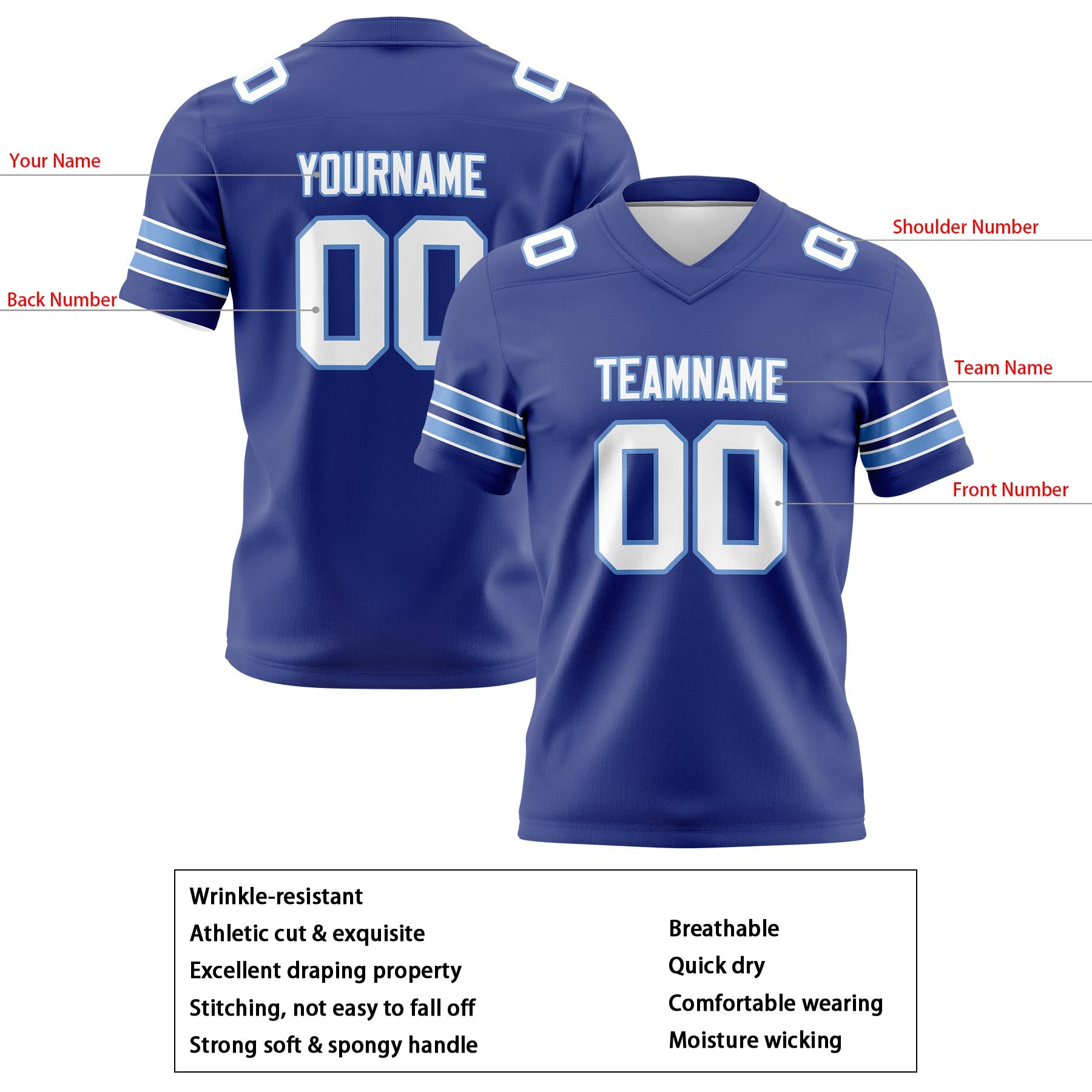 Custom Royal Light Blue Football Jerseys Personalized with Your Name Number Logo