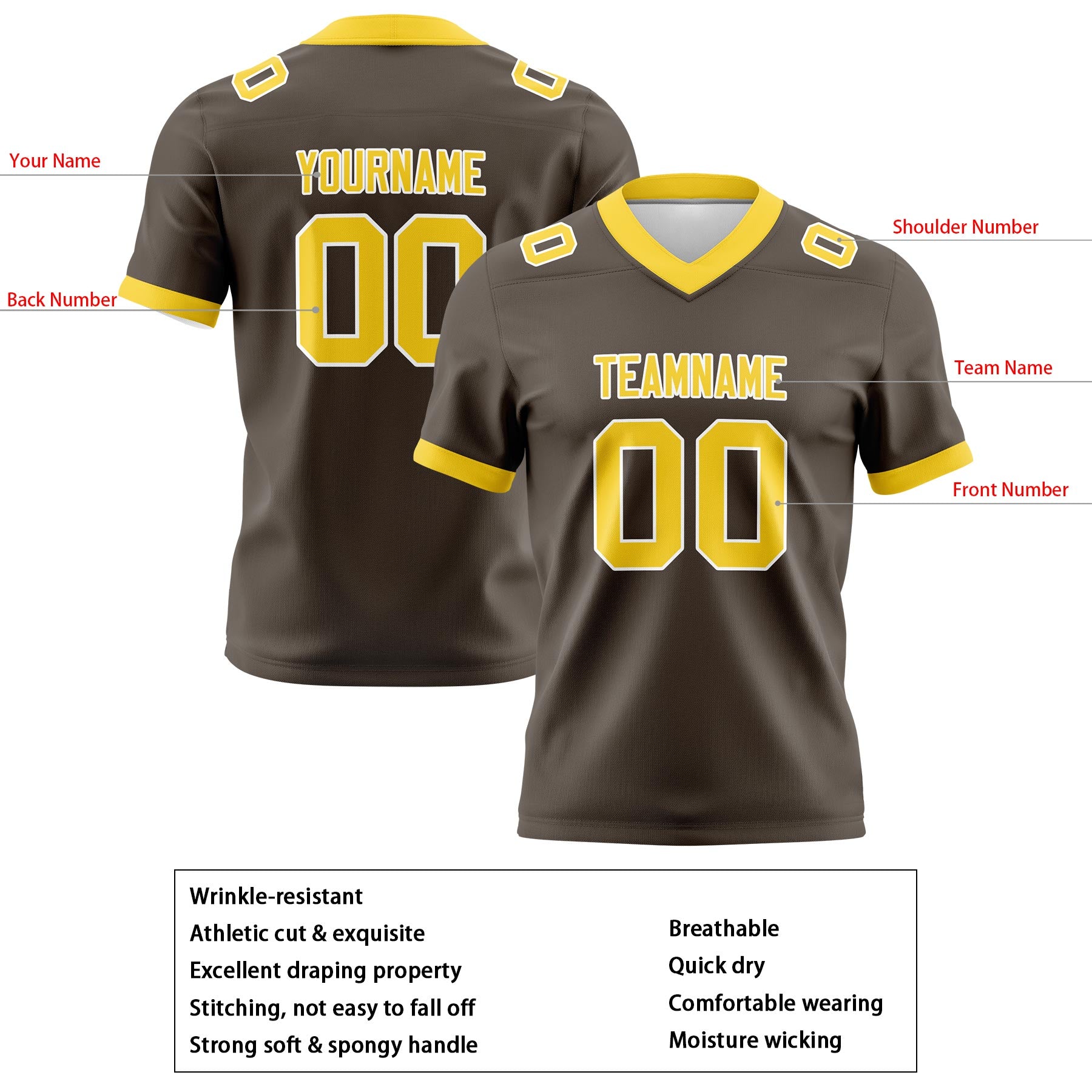Custom Brown Yellow Football Jerseys Personalized with Your Name Number Logo