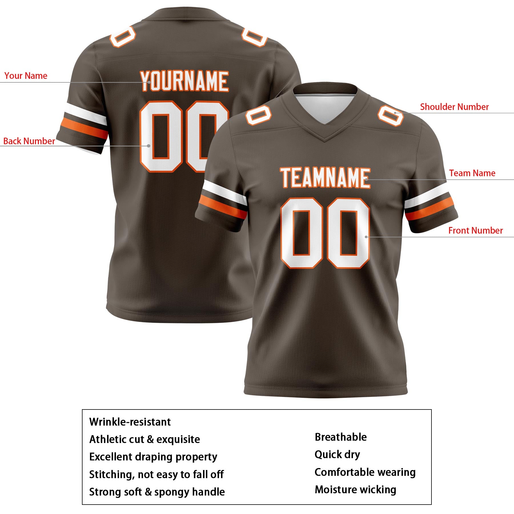 Custom Brown Orange Football Jerseys Personalized with Your Name Number Logo